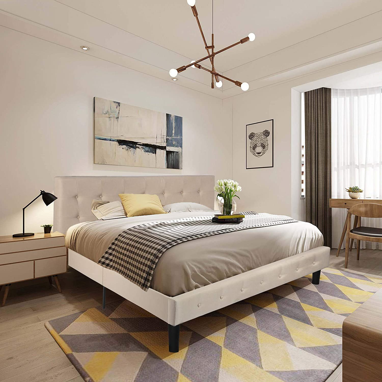 Queen Platform Bed, Fabric Upholstered Queen Bed Frame with Solid Wooden Slat Support and Headboard - Bosonshop