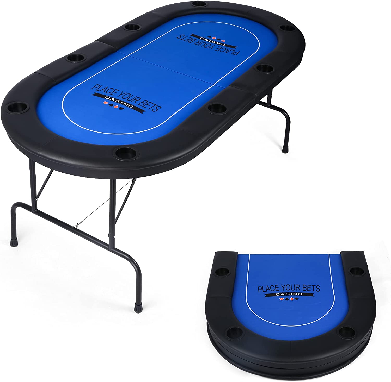 Foldable 6-8 Players Poker Table Texas Holdem Poker Casino Games w/ Faux Leather Padded Rails and Cup Holders, Blue - Bosonshop
