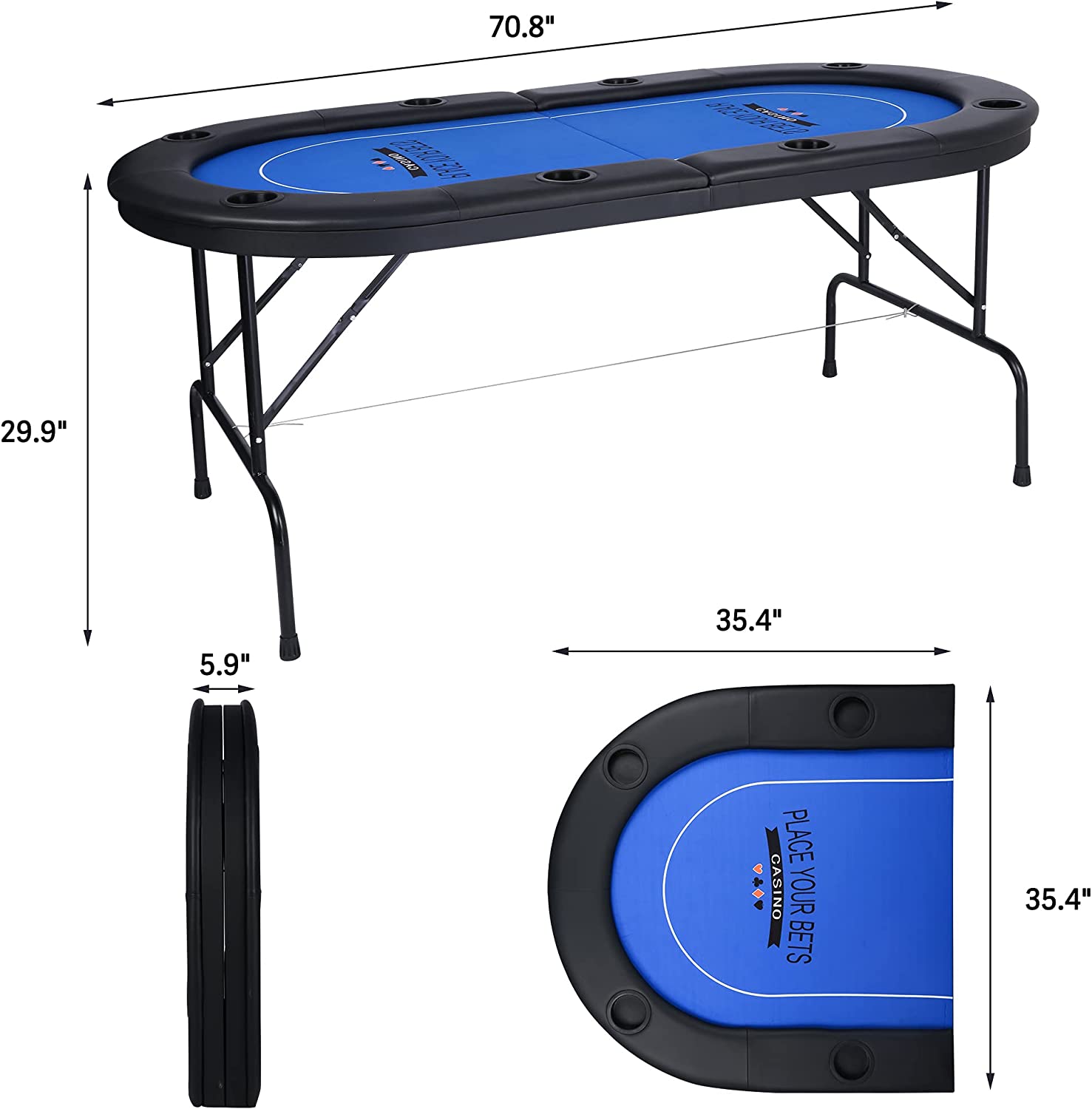 Foldable 6-8 Players Poker Table Texas Holdem Poker Casino Games w/ Faux Leather Padded Rails and Cup Holders, Blue - Bosonshop