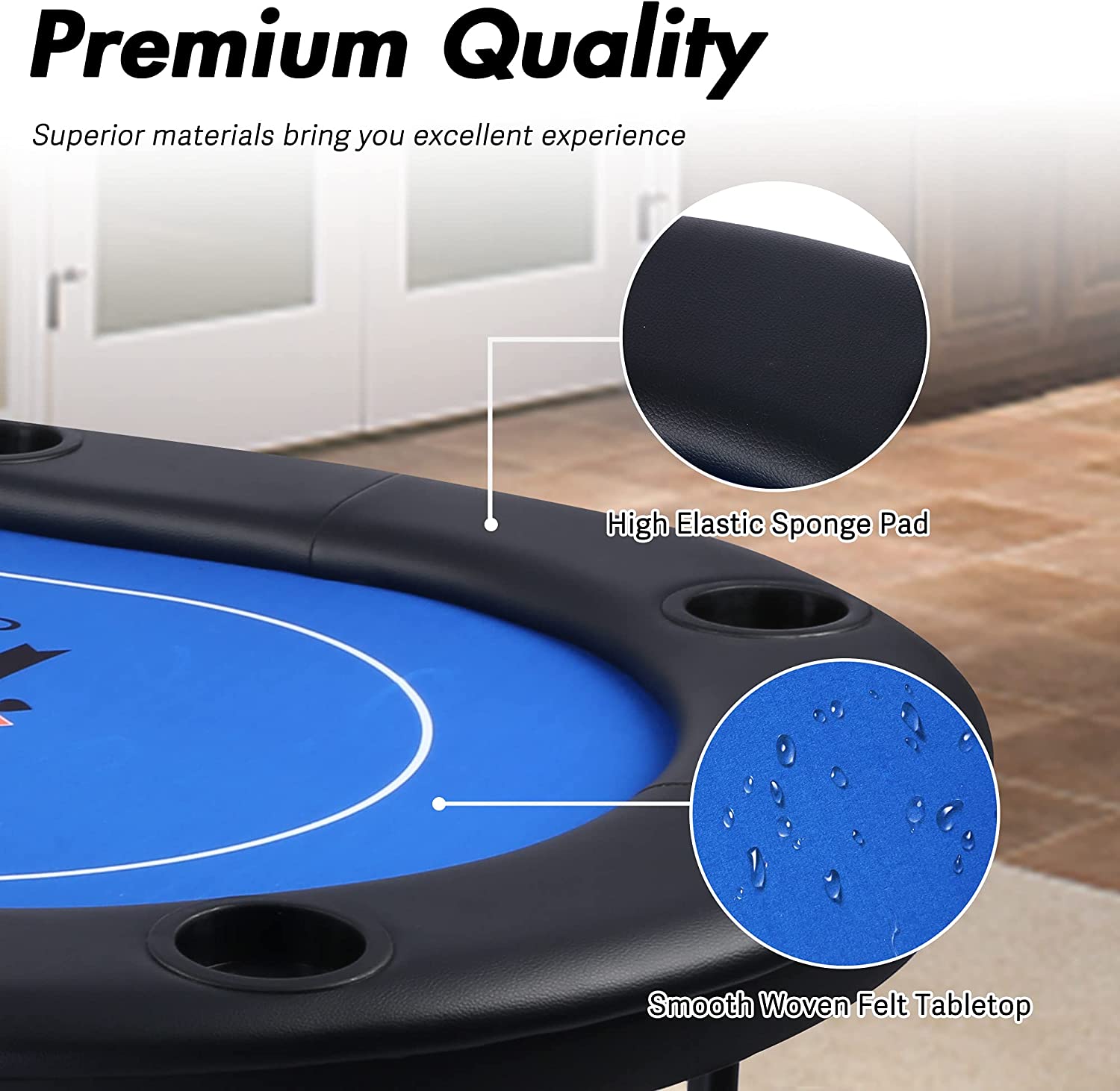 Foldable 6-8 Players Poker Table Texas Holdem Poker Casino Games w/ Faux Leather Padded Rails and Cup Holders, Blue - Bosonshop
