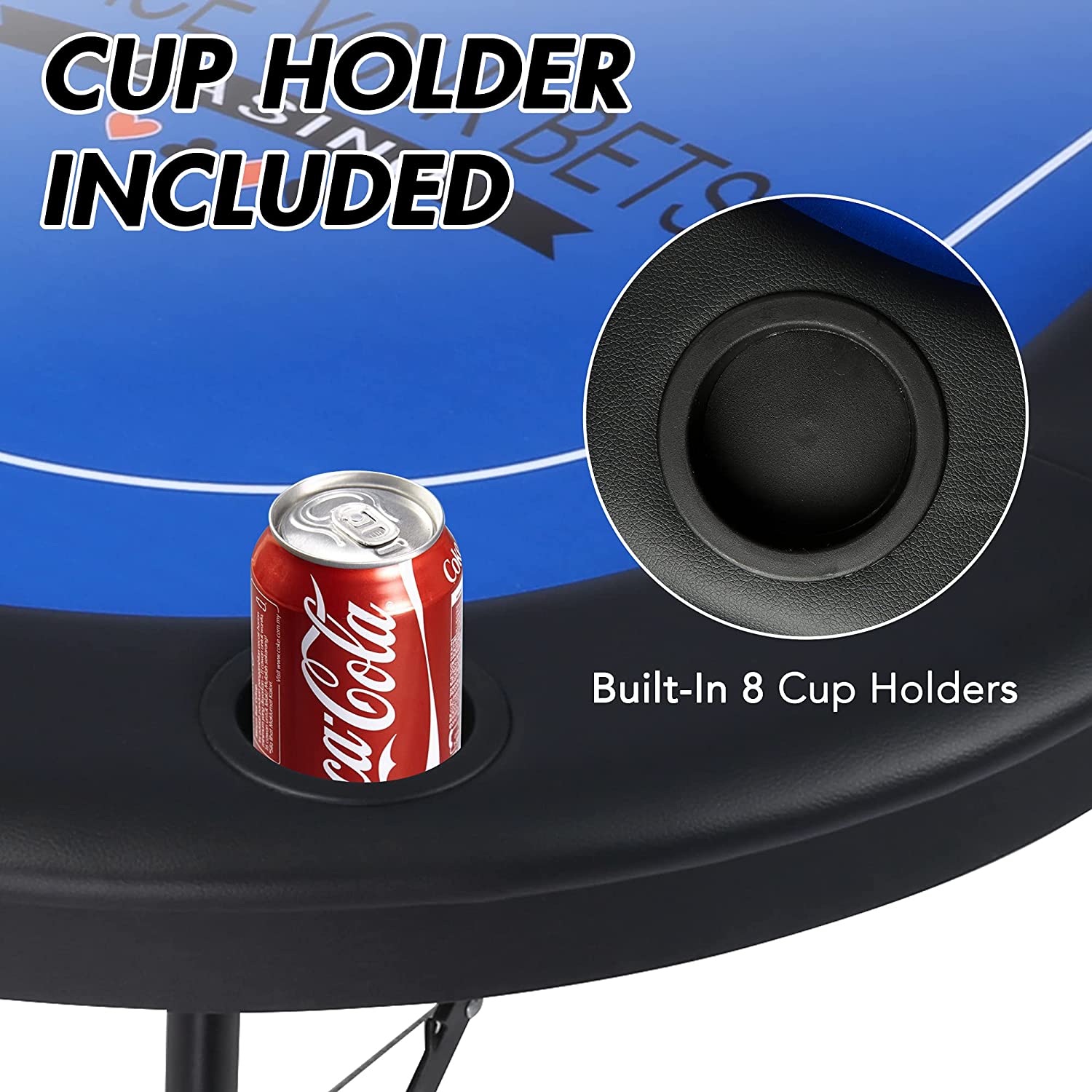 Foldable 6-8 Players Poker Table Texas Holdem Poker Casino Games w/ Faux Leather Padded Rails and Cup Holders, Blue - Bosonshop