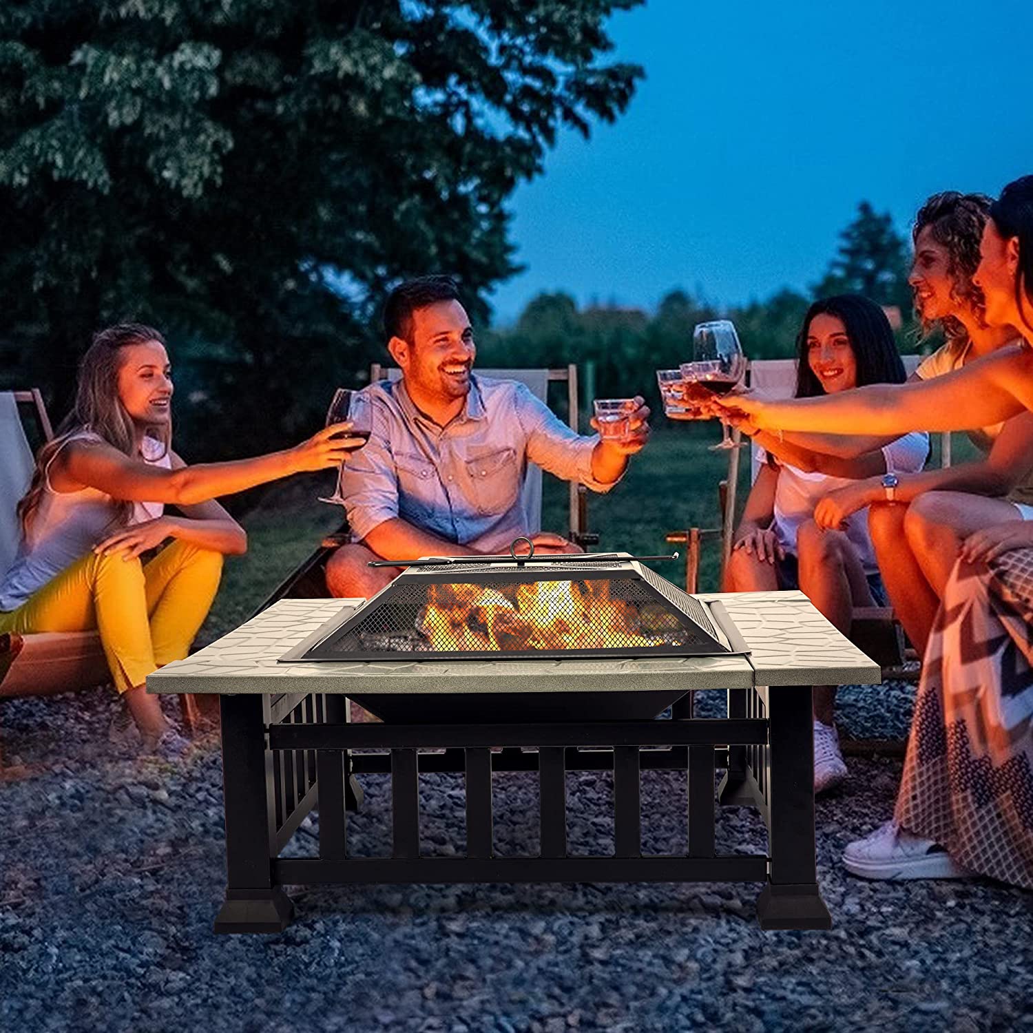 32 Inch Square Fire Pit Table with Wood-Burning Grill, Poker, Lid, and Rain Cover - Bosonshop