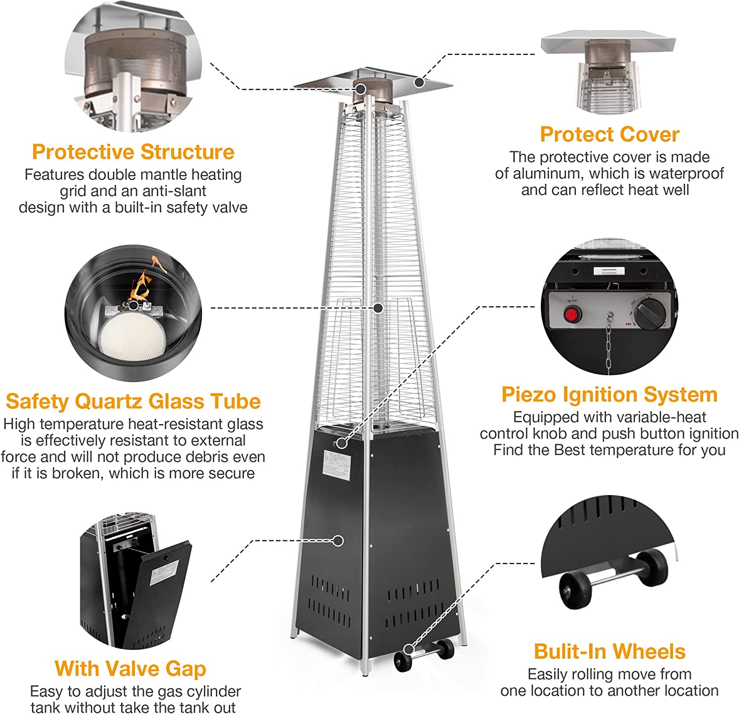 42000 BTU Pyramid Patio LP Propane Heater with Wheels, 87 Inch Hammered Bronze Tower Heater, CE & ETL Certified - Bosonshop