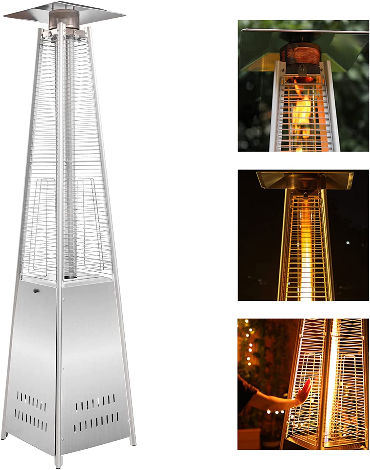 Patio Pyramid Standing 42000 TBU Propane Heater with Wheels, Stainless Steel Burner & Reflector, Silver - Bosonshop