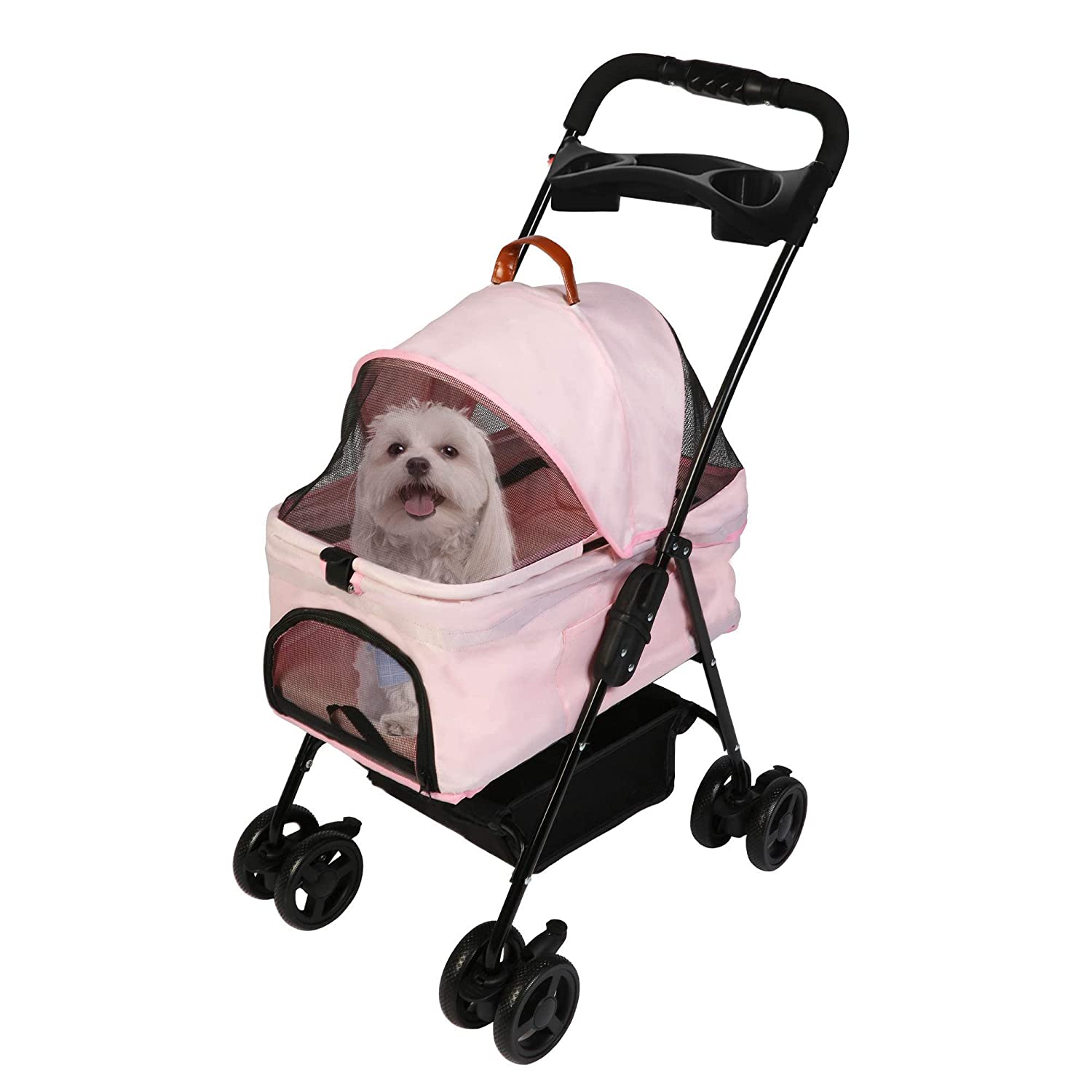 Foldable Pet Stroller with Detachable Carrier & Cup Holder for Small Dog/Cat, Pink - Bosonshop