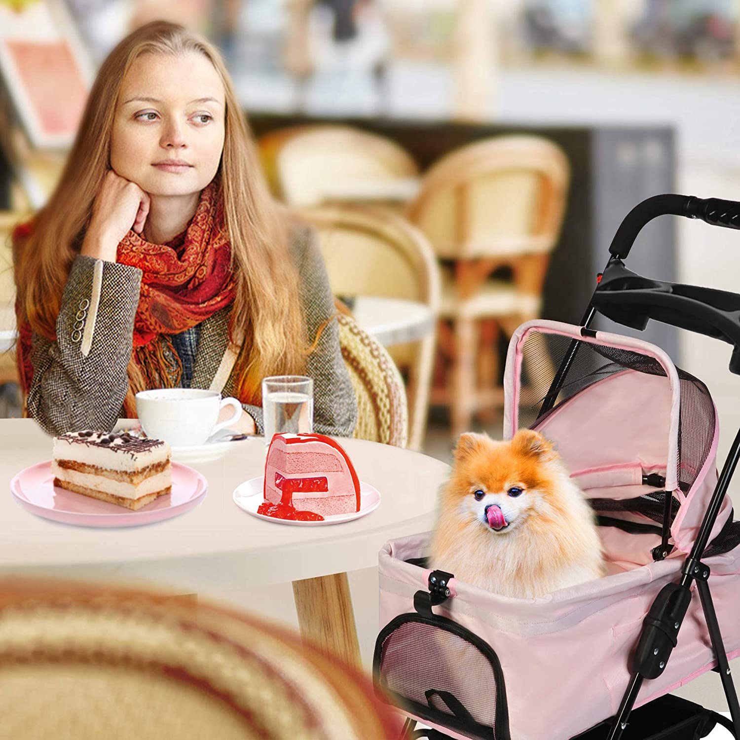 Foldable Pet Stroller with Detachable Carrier & Cup Holder for Small Dog/Cat, Pink - Bosonshop