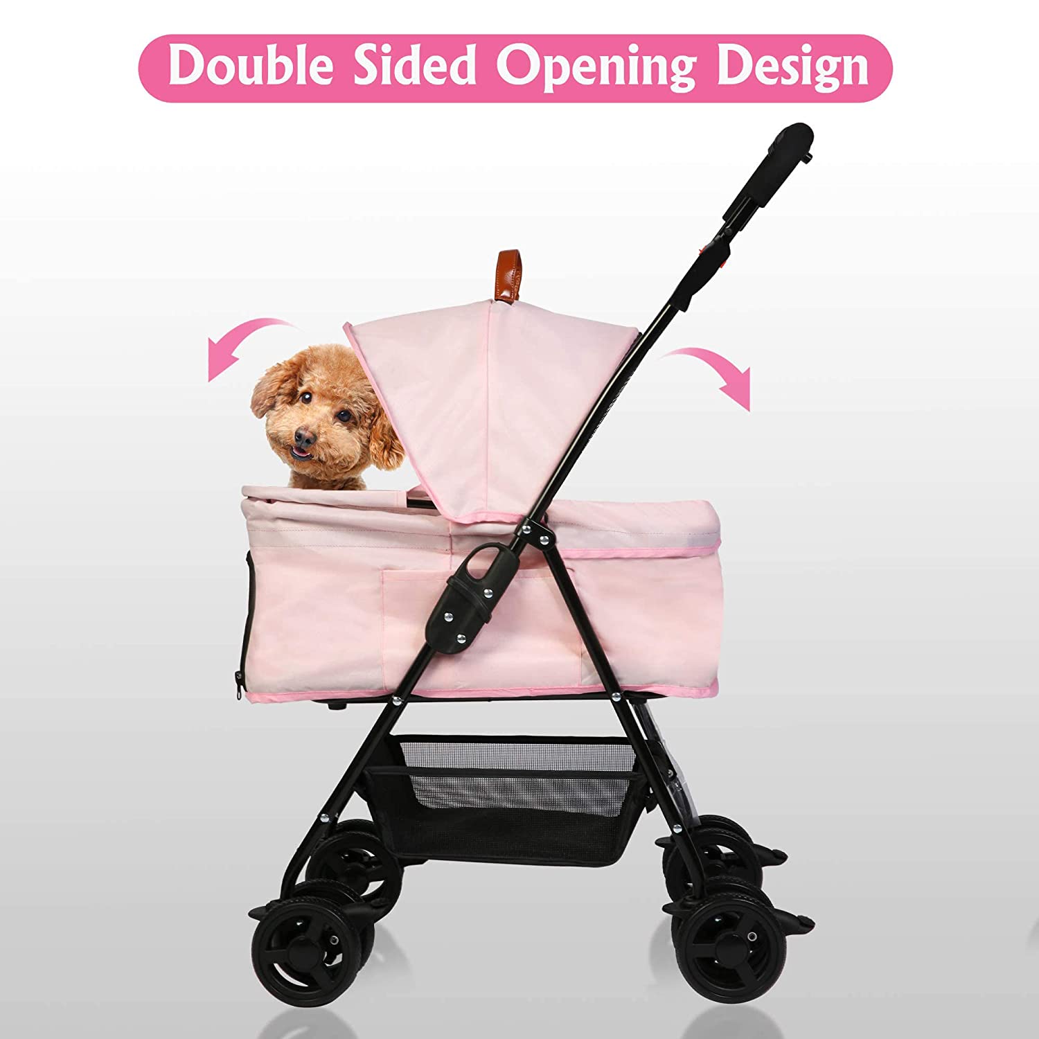 Foldable Pet Stroller with Detachable Carrier & Cup Holder for Small Dog/Cat, Pink - Bosonshop