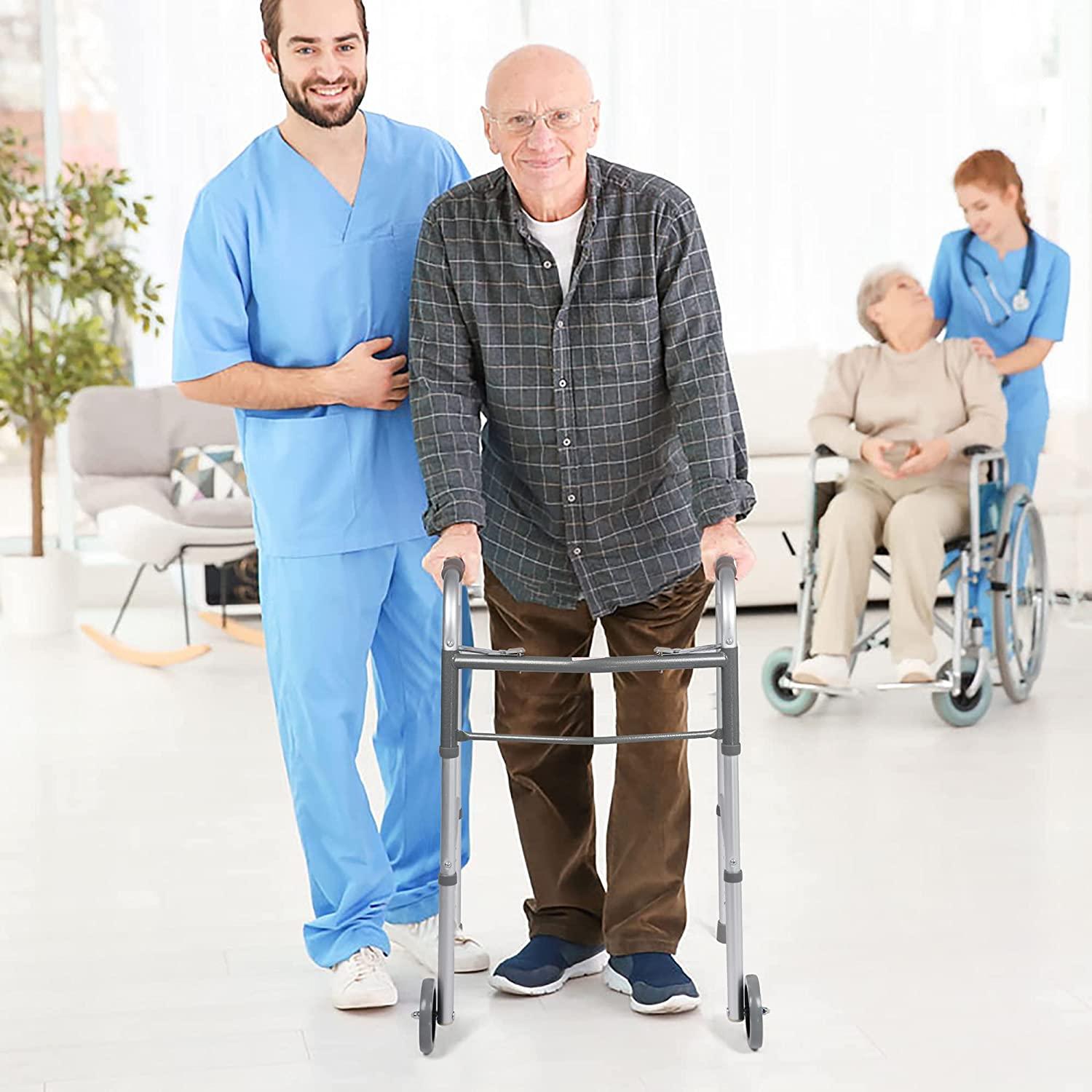 Lightweight Aluminum Alloy Folding Walker with 5" Wheels, 8-Level Height Adjustable Supports up to 300lbs - Bosonshop