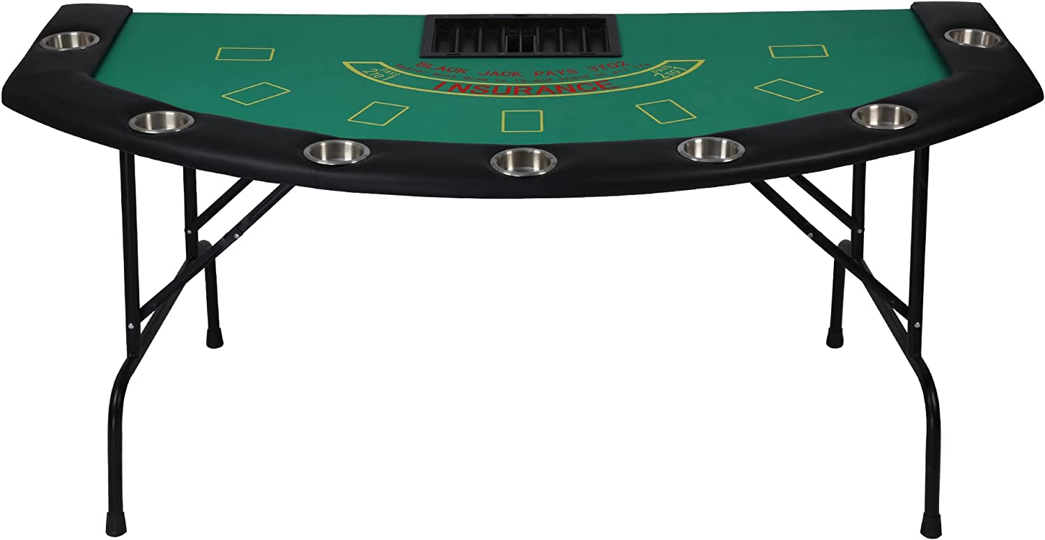 7 Player Blackjack Table with Folding Legs 71" Casino Game Table Removable Metal Cup Holder Green Felt - Bosonshop