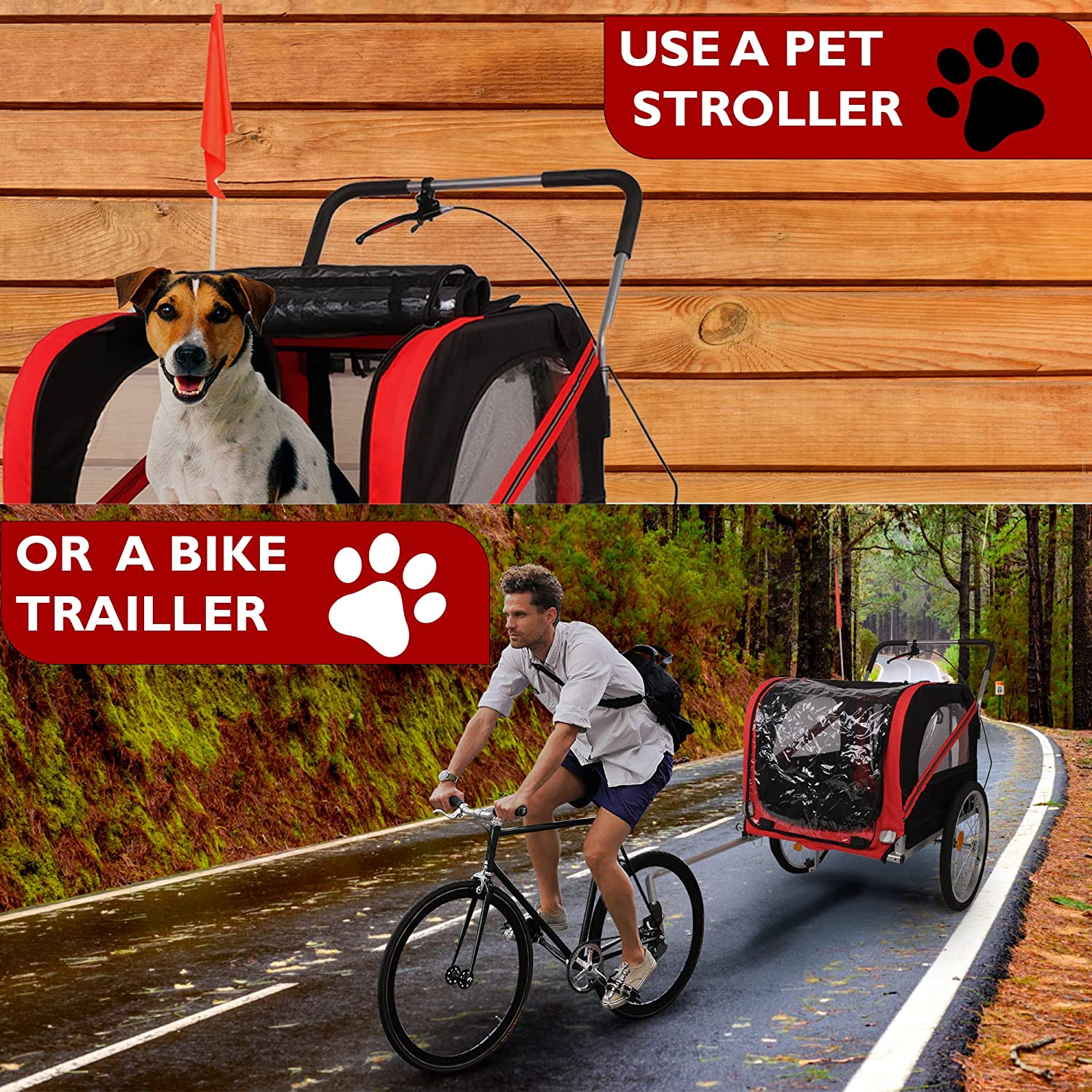 Dog Bike Trailer Cart 2 in 1 Pet Bicycle Stroller for Travel with Reflectors Parking Brake Breathable Protective Net, Red - Bosonshop