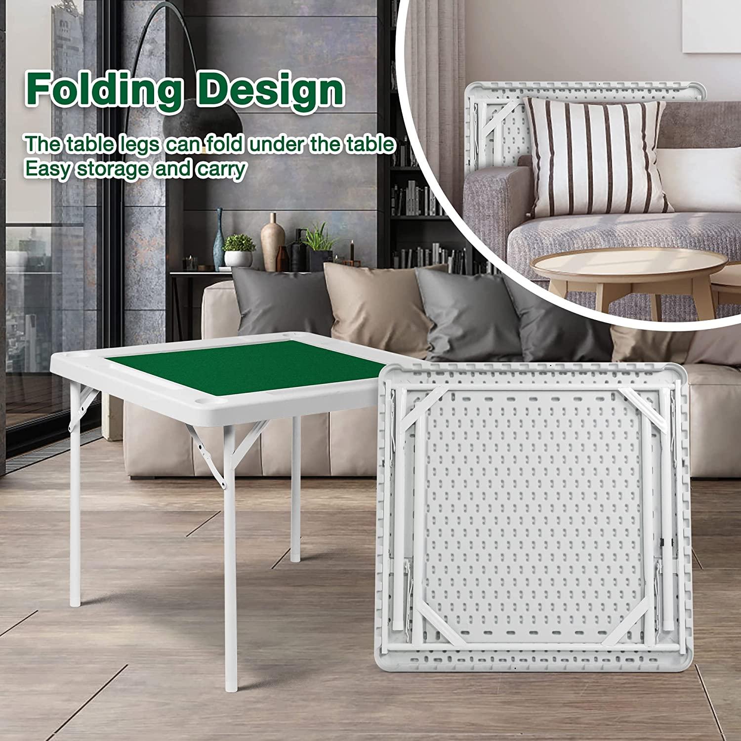 Folding Mahjong Table 35.4" Foldable Square 4 Player Card Poker Table with Cup Holders & Chip Trays for Playing Mahjong - Bosonshop