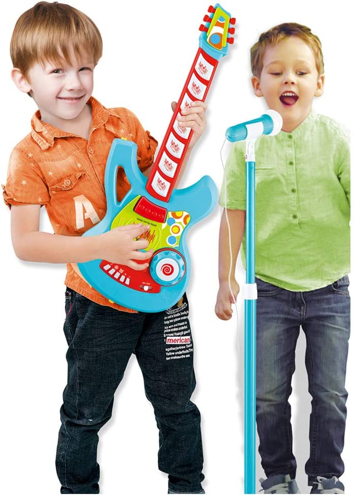 (Out of Stock) Kids Electric Guitar Play Set Toy with Microphone Speaker and Stand, Blue - Bosonshop