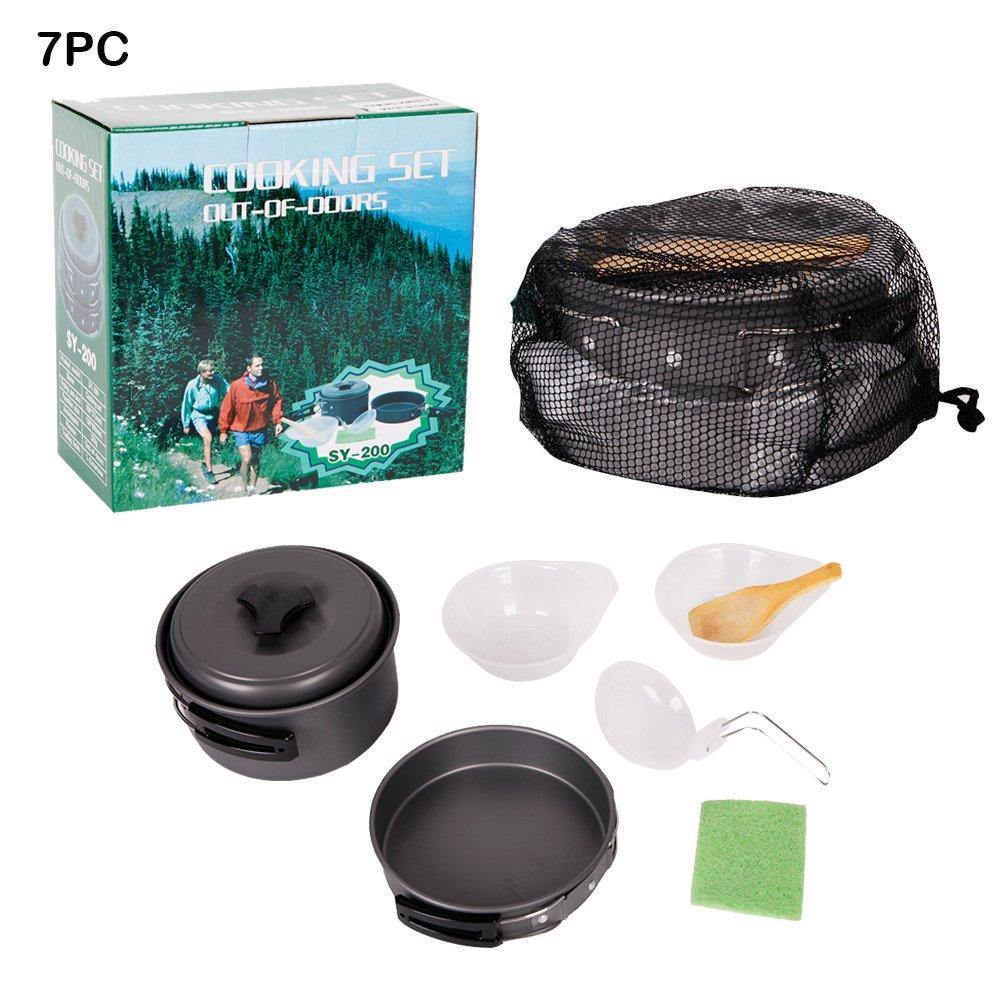 7 Pcs Outdoor Cooking Set Portable Lightweight Camping Kitchen Picnic Cookware Bowl Pot Pan for Hiking Backpacking - Bosonshop