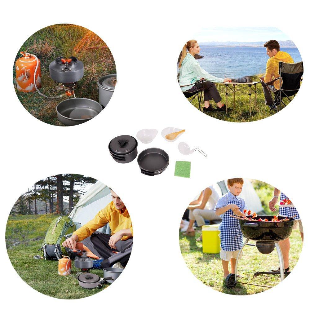 7 Pcs Outdoor Cooking Set Portable Lightweight Camping Kitchen Picnic Cookware Bowl Pot Pan for Hiking Backpacking - Bosonshop