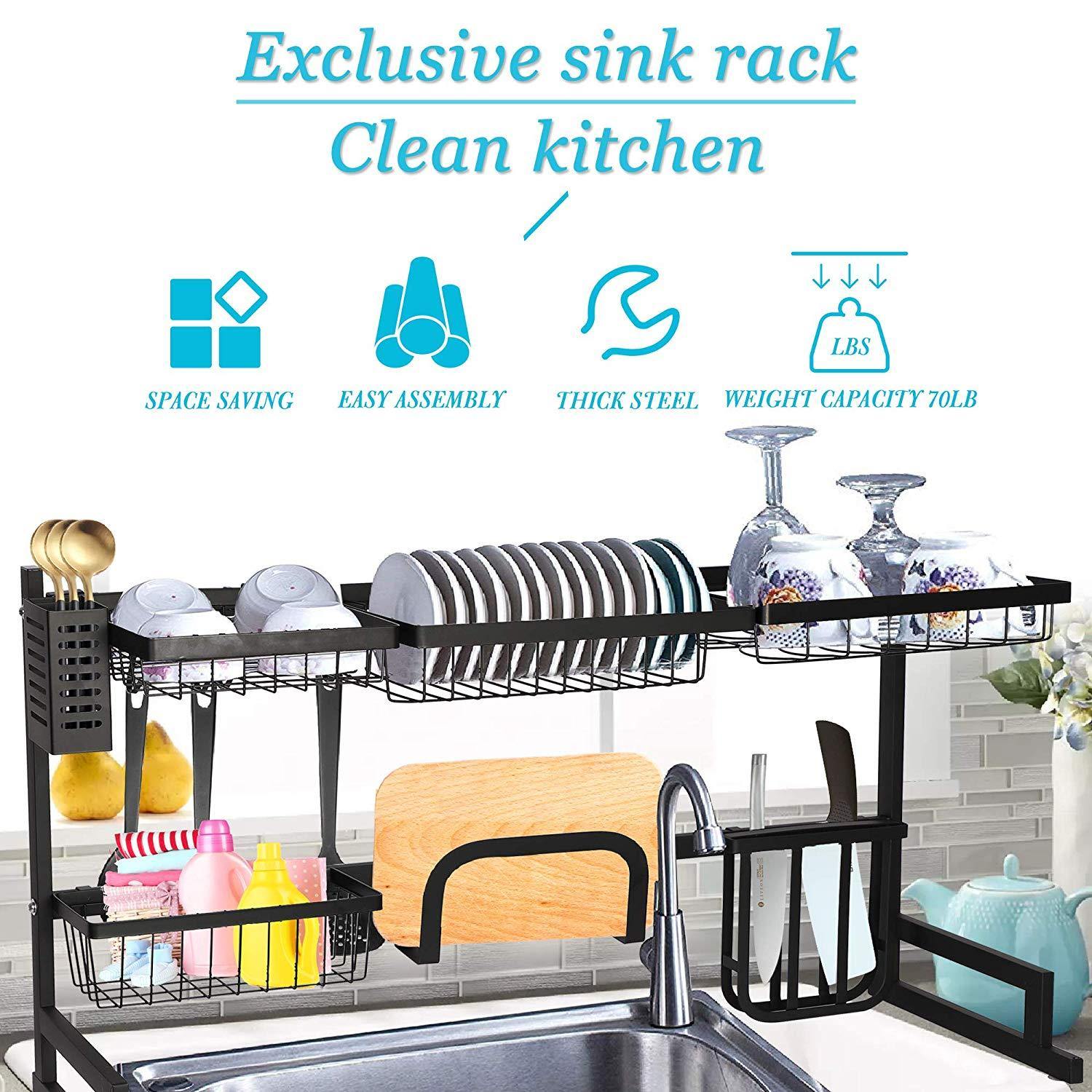 Over The Sink Dish Drying Rack Stainless Steel Kitchen Supplies Storage Shelf Multifunctional Tableware Drainer Organizer - Bosonshop