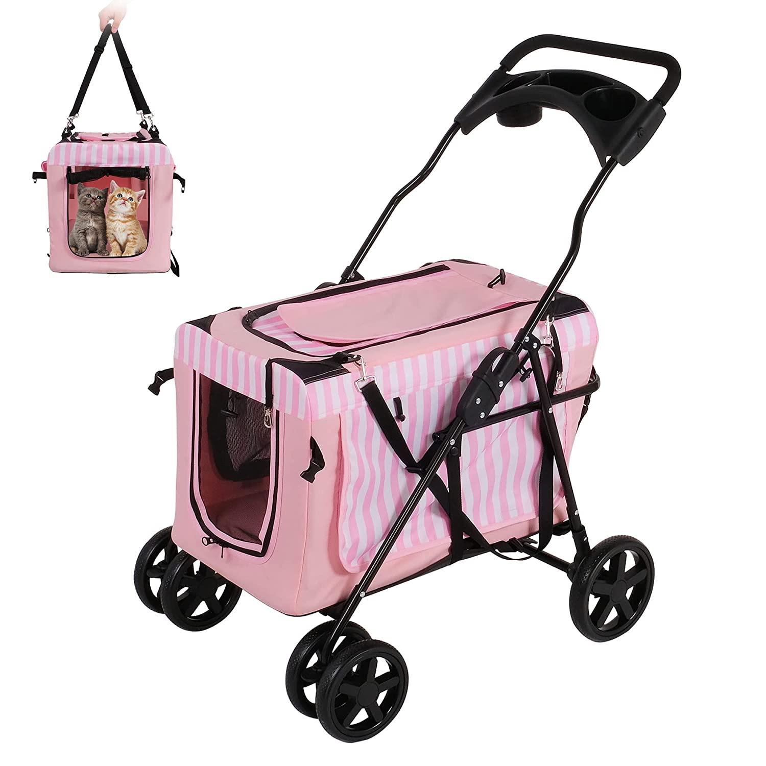 3-in-1 Folding Pet Stroller Travel Pet Gear Stroller with Detachable Carrier Bag & Water Cup Holder, Pink - Bosonshop