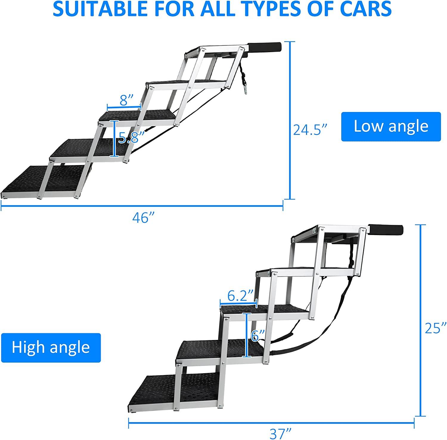 Foldable Aluminum Alloy 5 Steps Dog Stairs with Non-Slip Surface for Large Dogs, Supports up to 150 lbs - Bosonshop