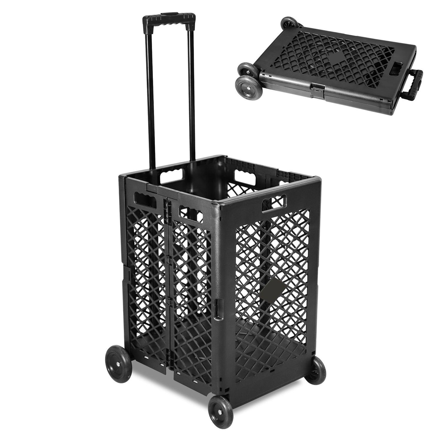 70L Foldable Rolling Cart Crate with Wheels Collapsible Basket with Telescopic Handle, Black - Bosonshop
