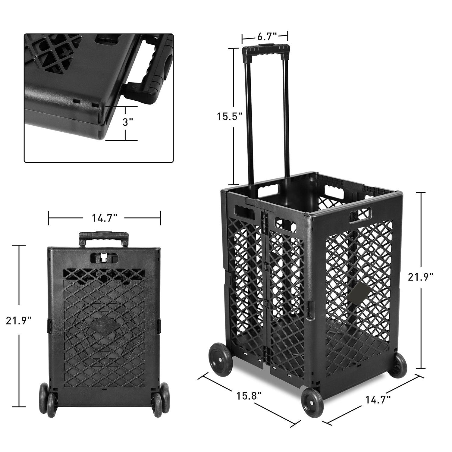 70L Foldable Rolling Cart Crate with Wheels Collapsible Basket with Telescopic Handle, Black - Bosonshop