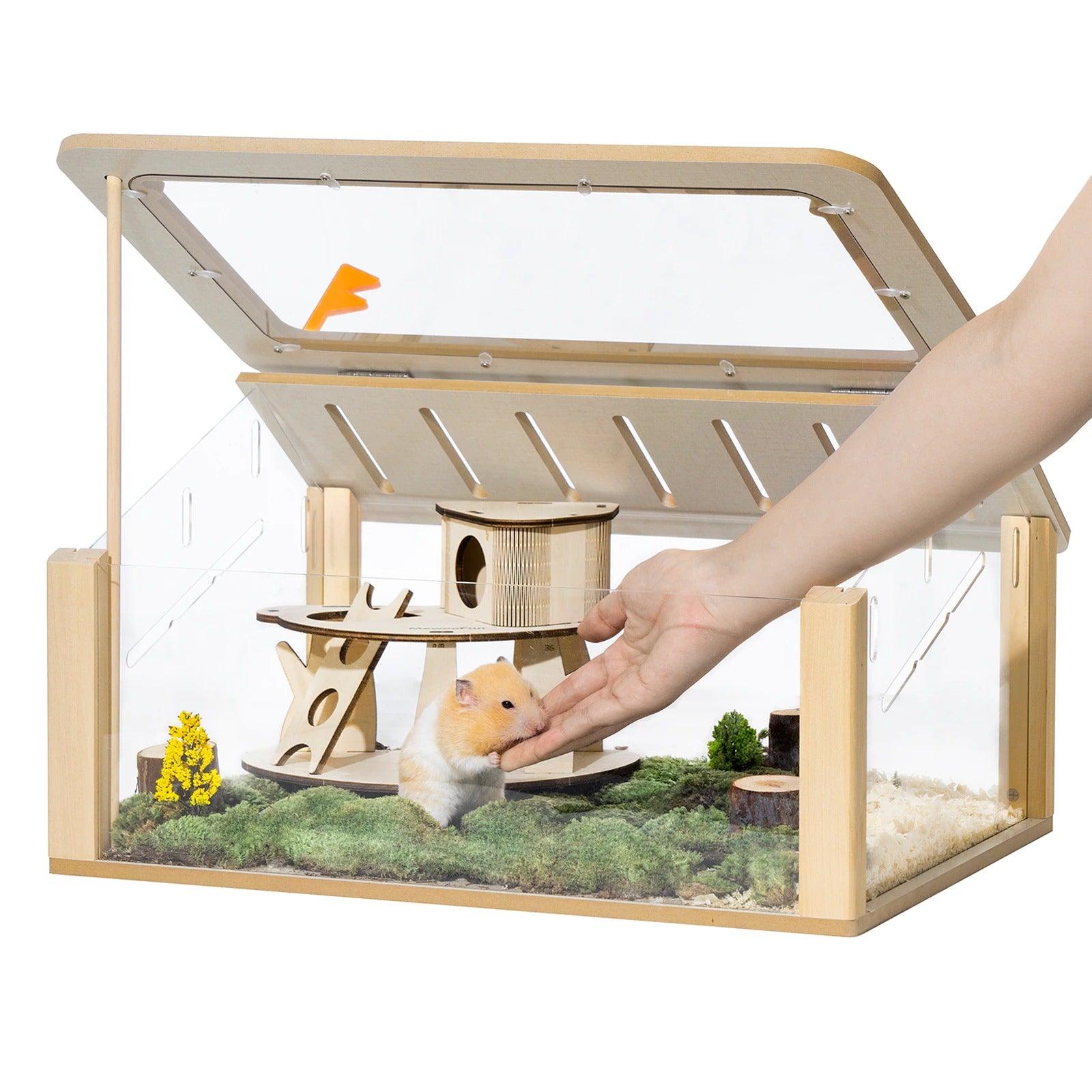 (Out of Stock) Wooden Hamster Cage Small Animal Acrylic Hamster Cage with House Pet Bed - Bosonshop