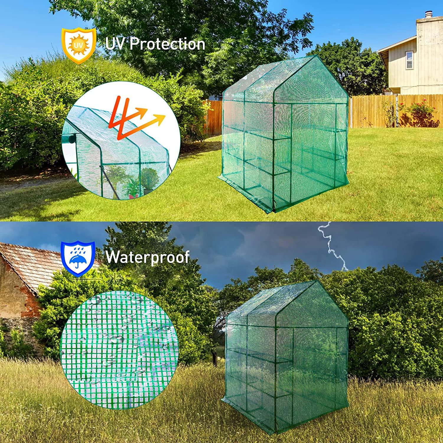 8 Shelves 3 Tiers Walk-in Greenhouse 56.3"L x 56.3"W x 76.8"H Portable Walk In Outdoor Planter House w/ Pegs Ropes - Bosonshop