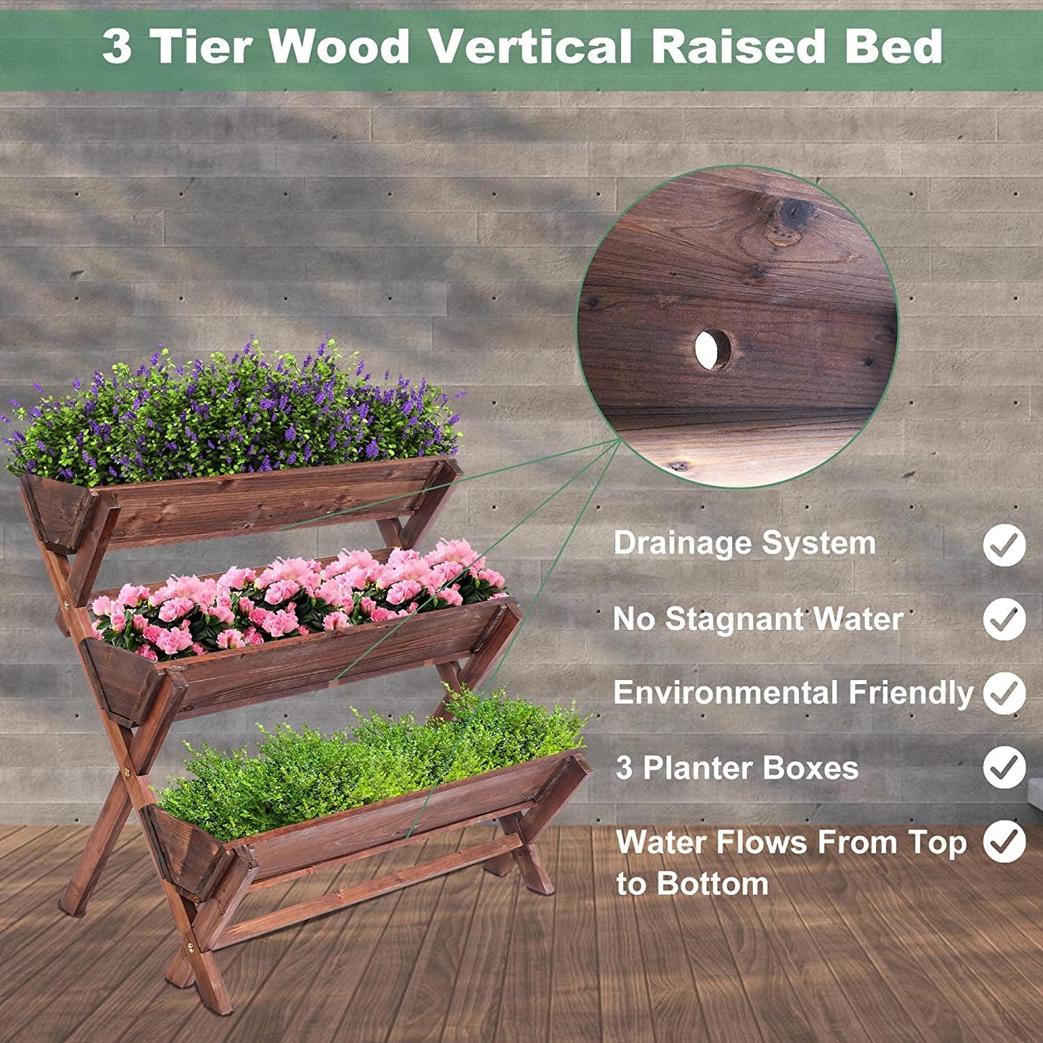 3 Tier Wooden Planter Box Container Freestanding Raised Garden Bed with Drain Holes - Bosonshop