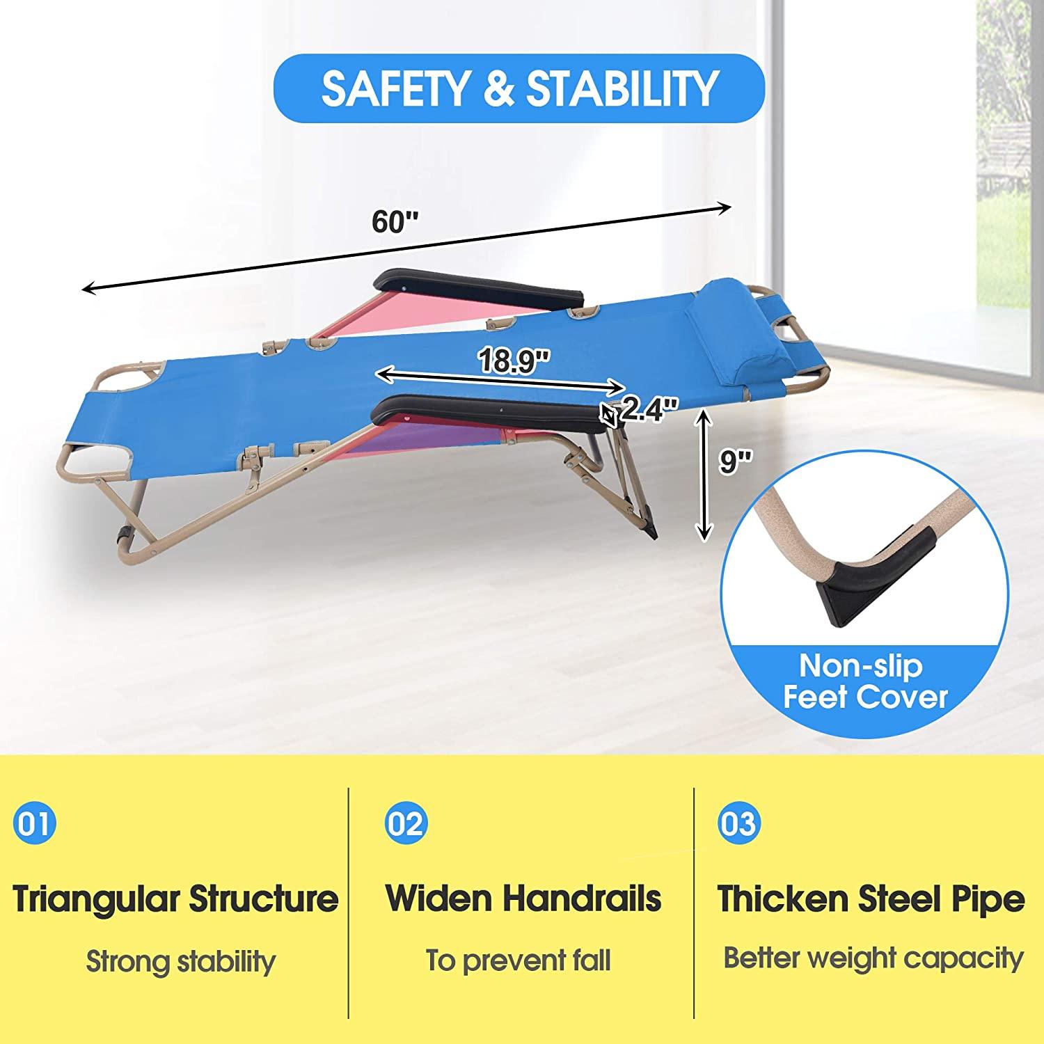 Set of 2 Portable Reclining Lounge Patio Chairs Folding Outdoor Chairs for Outdoor Lawn Beach Pool Camping, Blue - Bosonshop