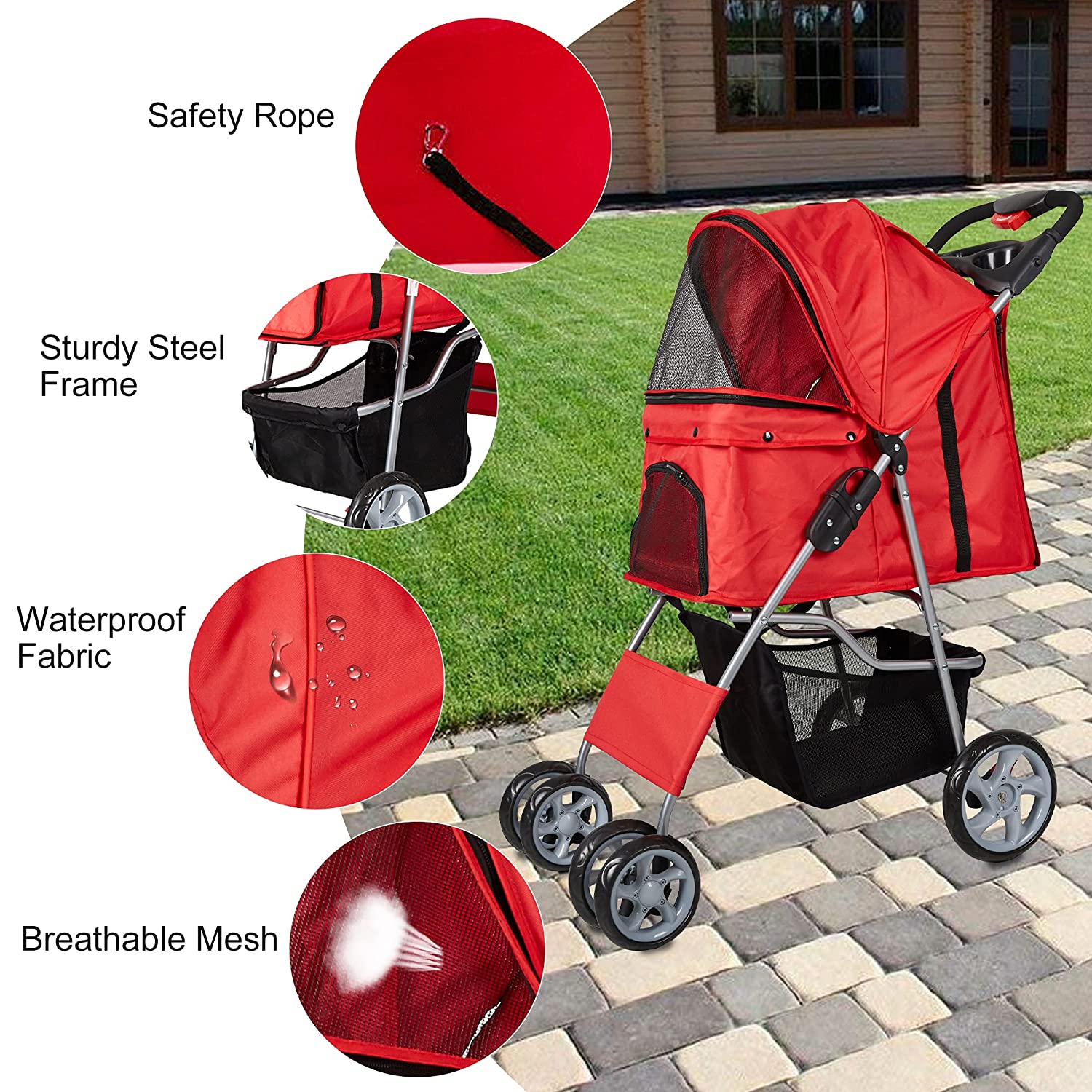 Folding Pet Stroller Elite Jogger Kitten Puppy Easy Walk Dog Cat Small Animals Travel Carrier, Red - Bosonshop