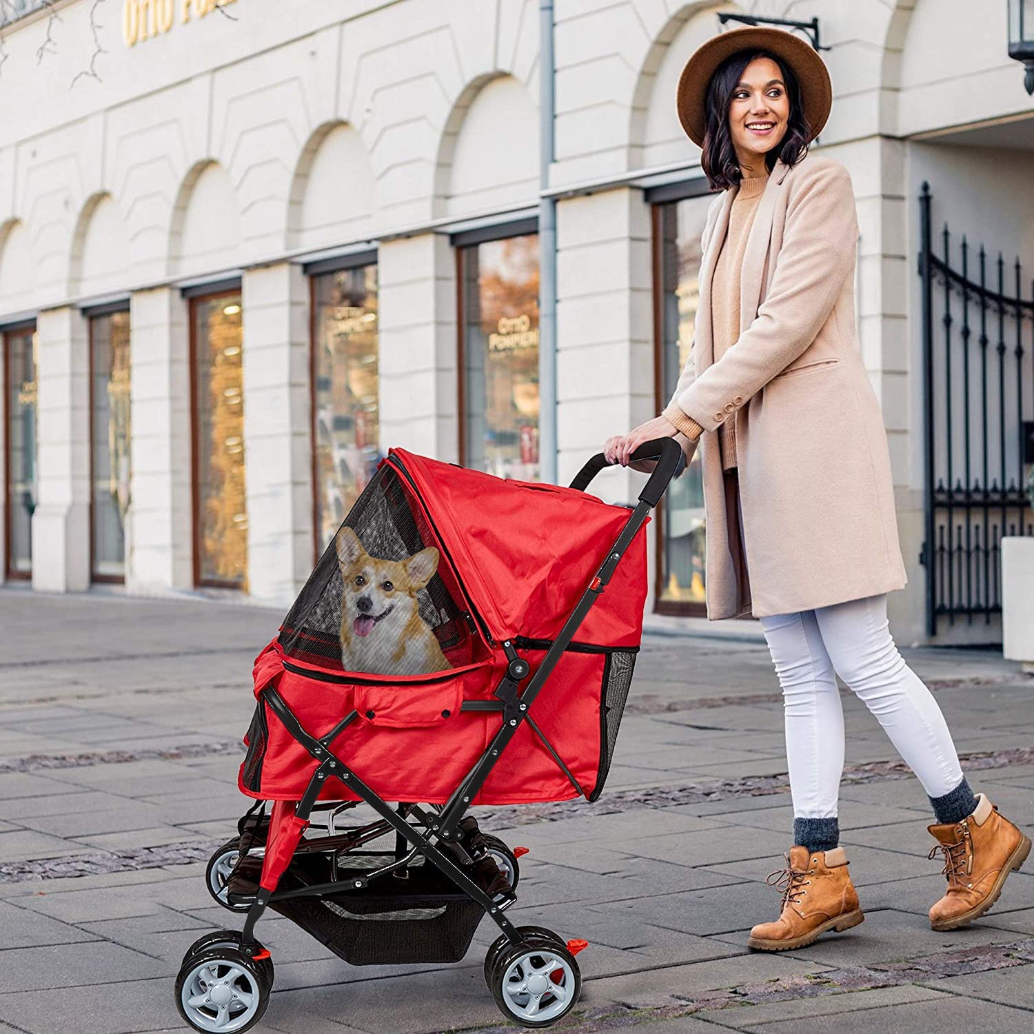 Double Folding Dog & Cat Stroller Two-Seater Pet Carrier Cart, Red - Bosonshop