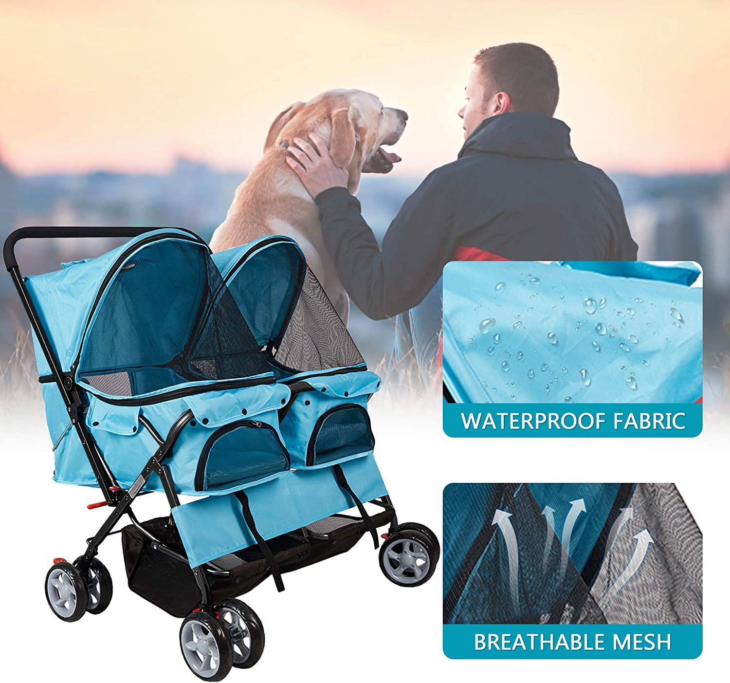 Folding 4 Wheels Double Pet Stroller Two-Seater Carrier Cart, Blue - Bosonshop