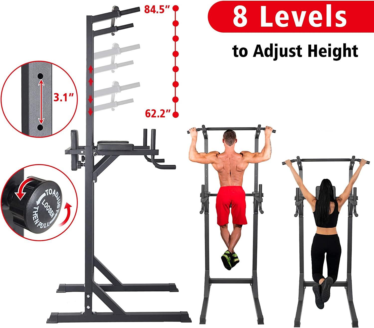 Strength Power Tower Dip Station Pull Up Bar Workout Equipment, Adjustable Height 62.2" to 84.5", Holds Up to 660LBS - Bosonshop