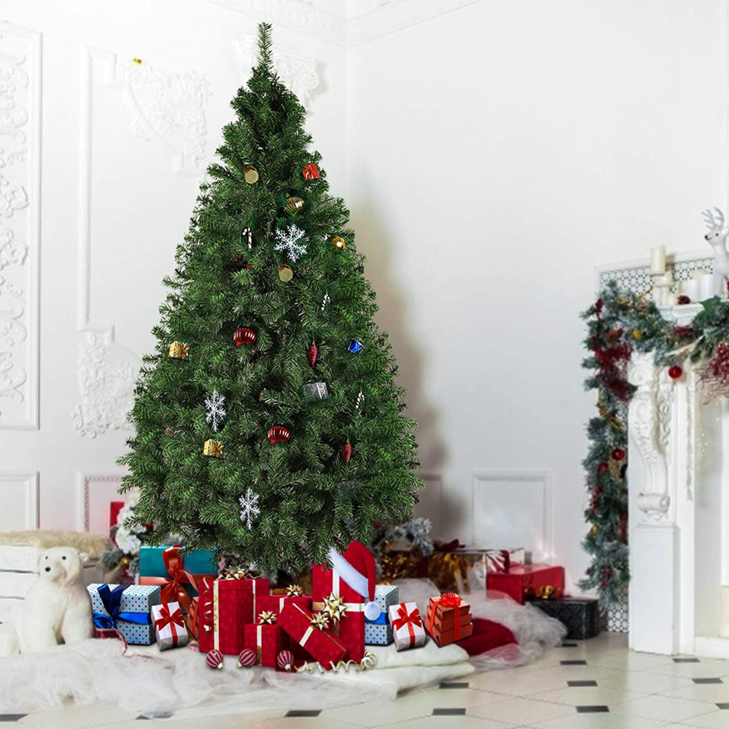 7' Christmas Pine Tree Artificial Fake Xmas Tree with Solid Metal Stand and Decoration for Festival Party Holiday, Green - Bosonshop