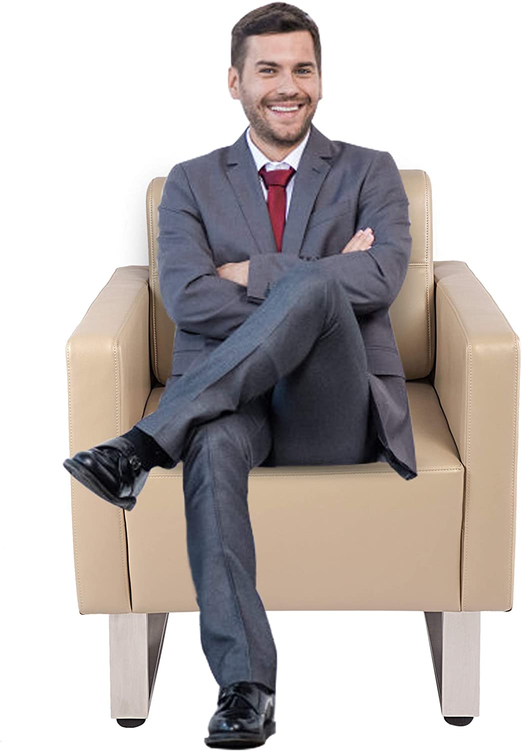 Barrel Chair Lobby Chair Leather Occasional Sofa Chairs Reception Guest Single Sofa for Office Meeting Room Living Room, Beige - Bosonshop