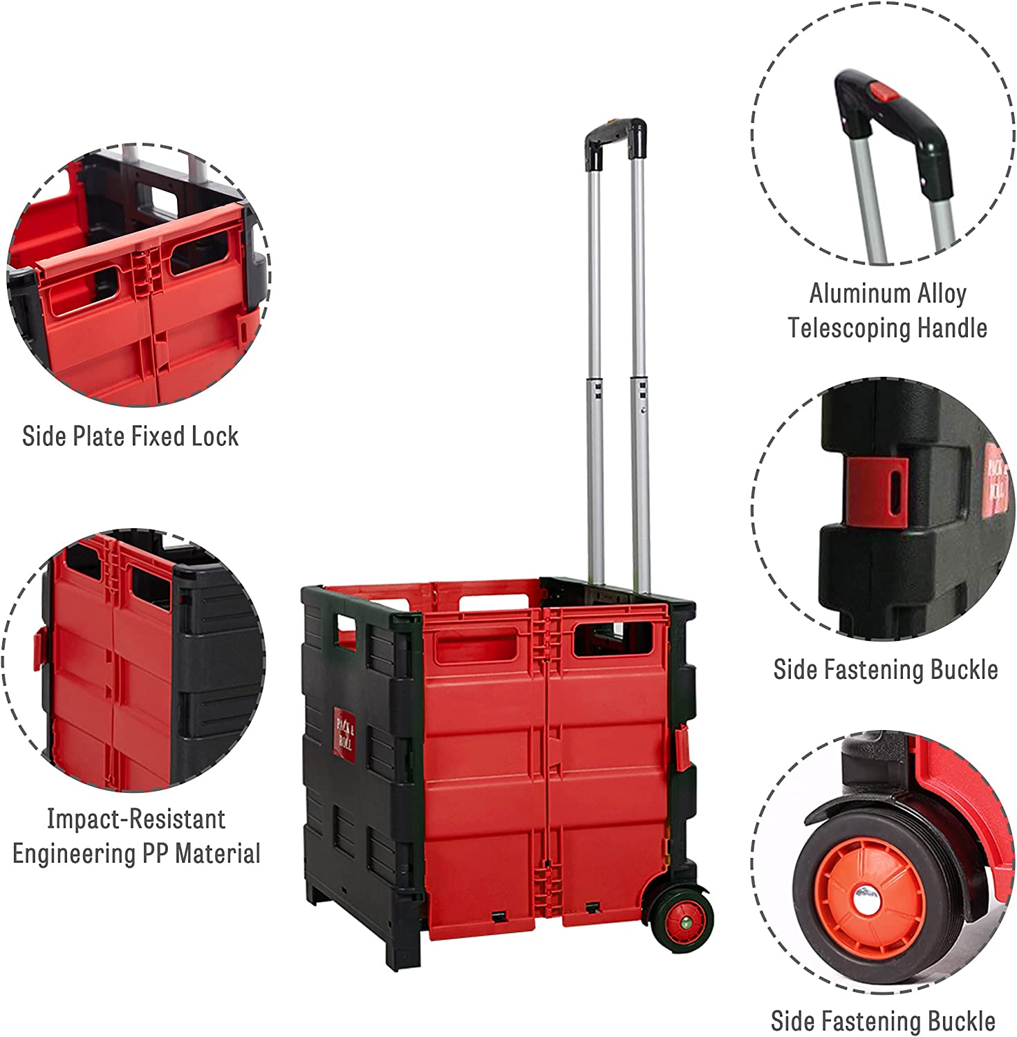 56L Large Folding Rolling Utility Shopping Cart, Black & Red - Bosonshop