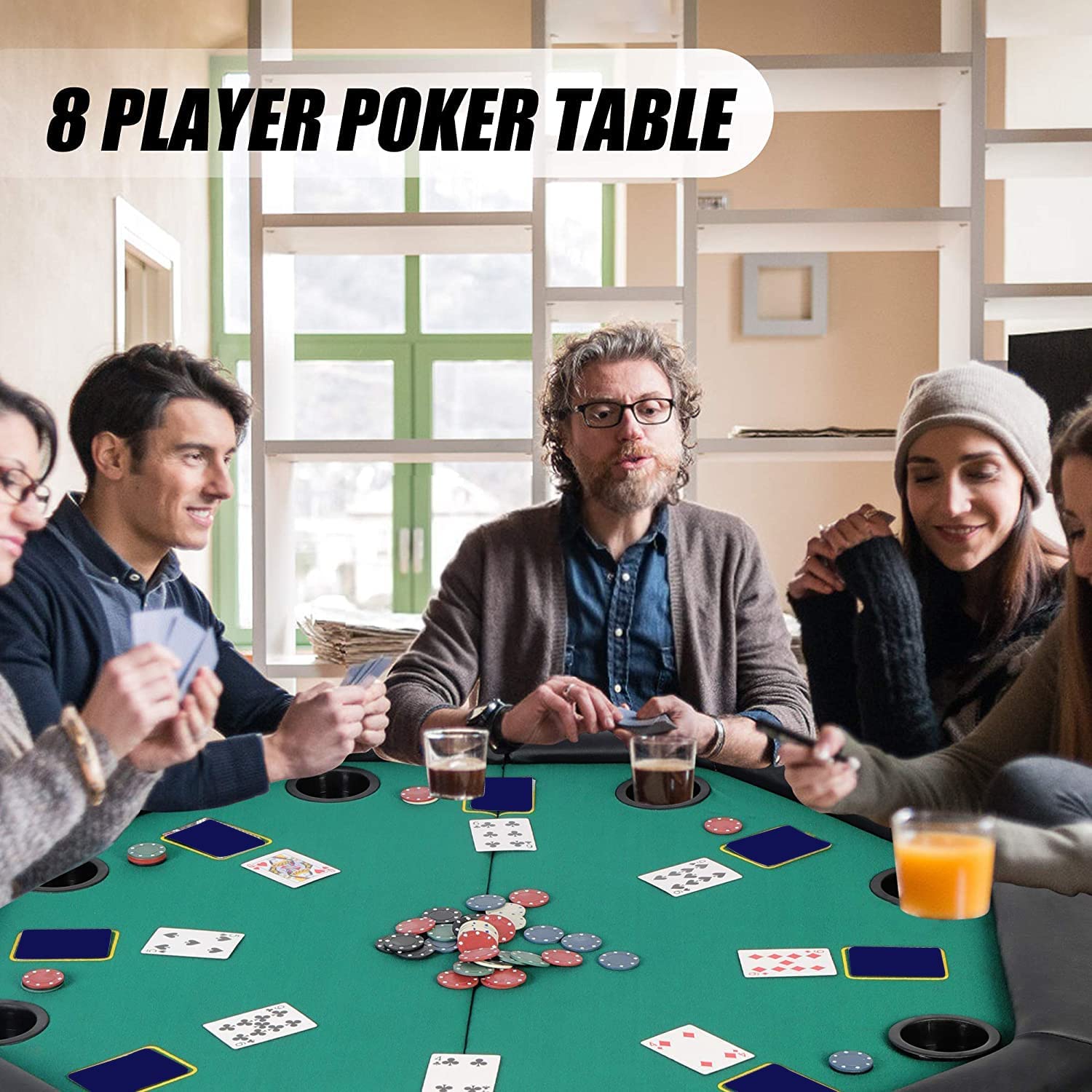 48" Octagon Foldable Poker Table for 8 Player Texas Casino Blackjack Table with Plastic Cup Holders - Bosonshop