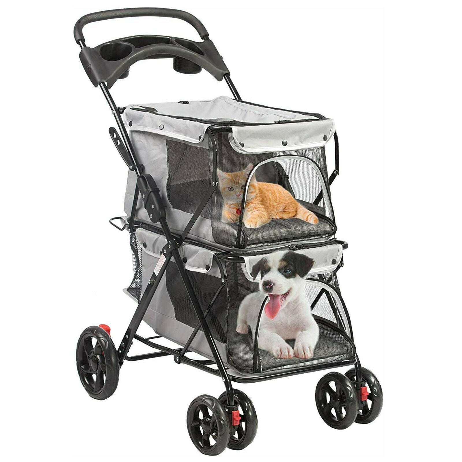 Double Decker Bus Pet Jogging Stroller for 2 Cats Dogs Travel Carrier Cage w/Cup Holders, Mesh Window and Soft Pad, Gray - Bosonshop
