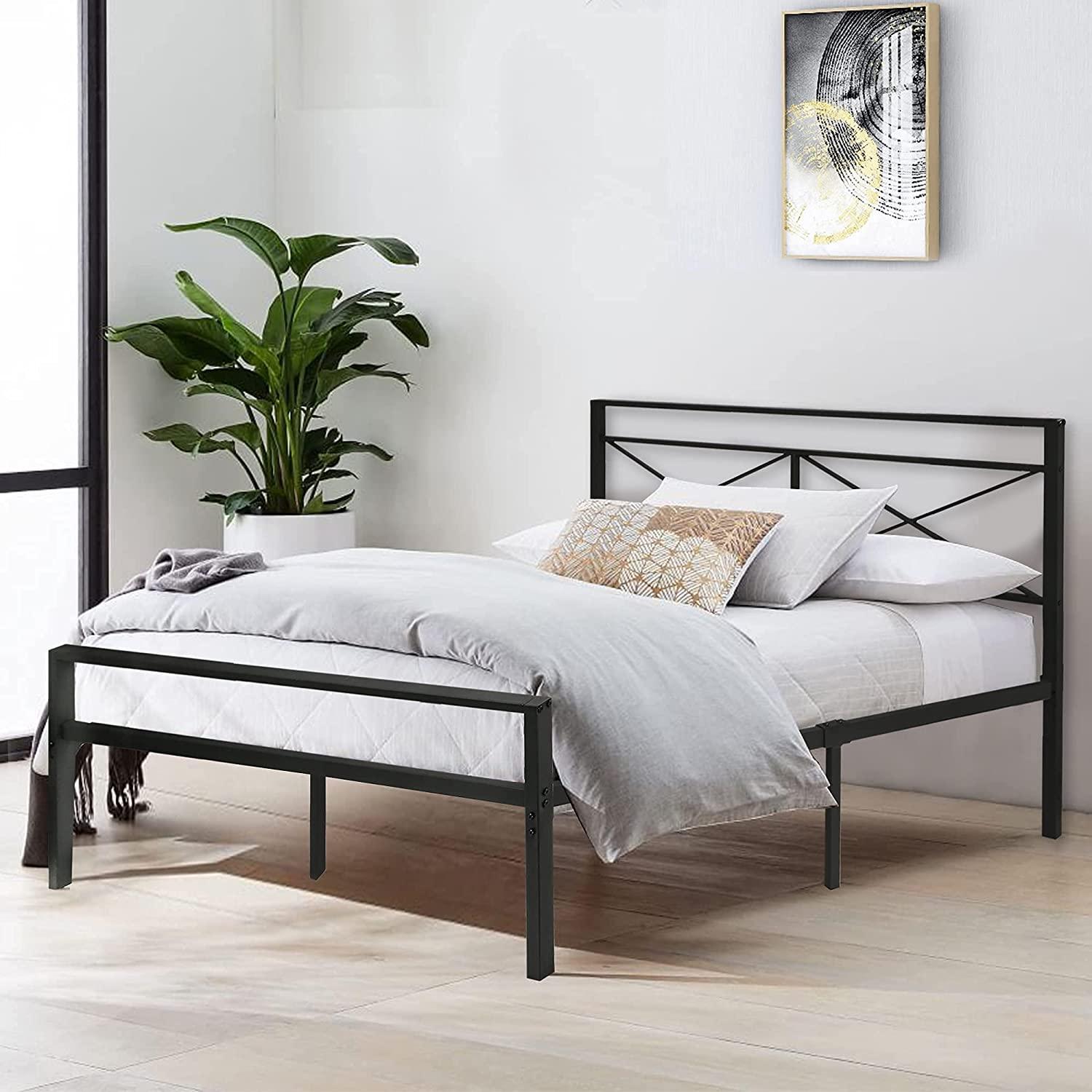 Full Size Platform Bed w/ Headboard, Heavy Duty Metal Slat & Anti-Slip Support, Easy Quick Assembly - Bosonshop