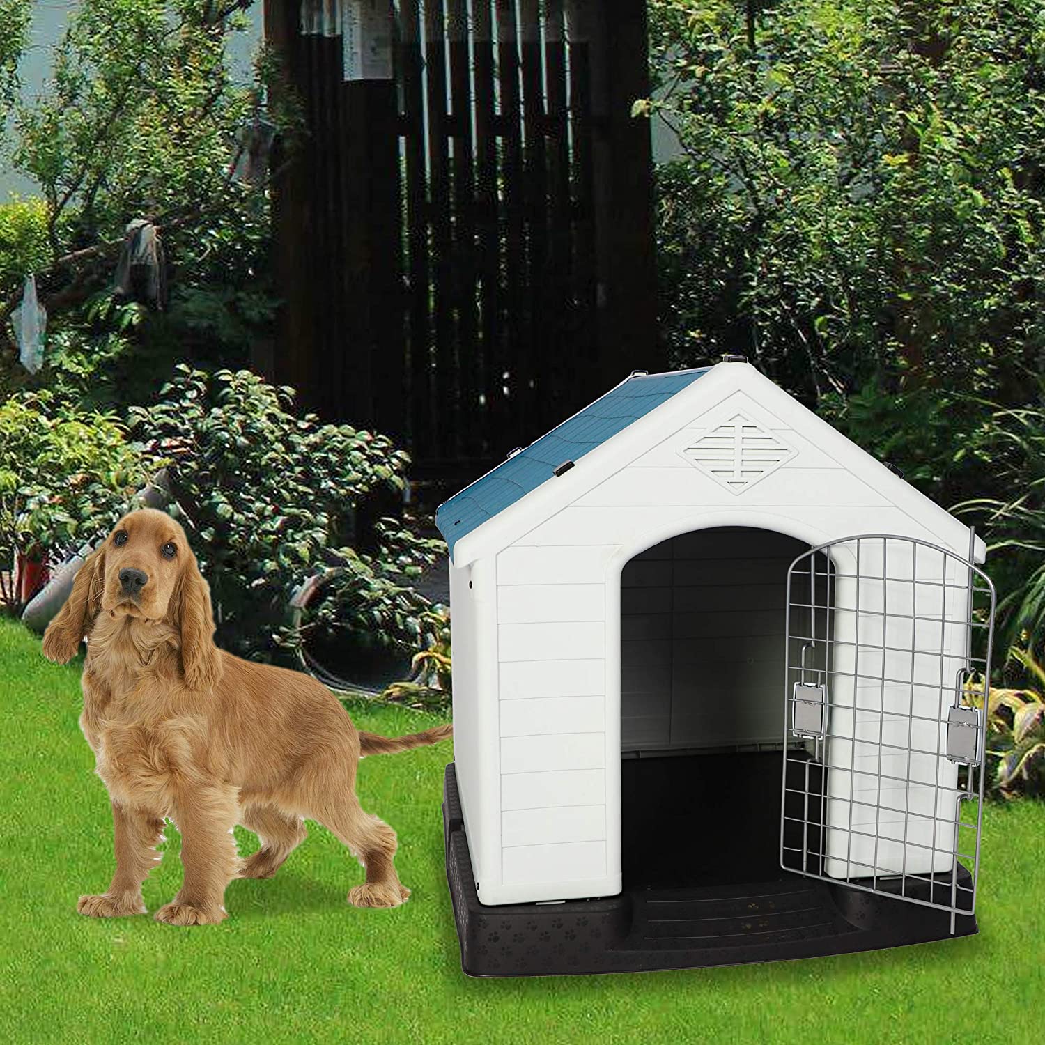 Plastic Ventilate Dog House with Door 28.3" Height Weatherproof Pet House with Elevated Floor, Medium - Bosonshop