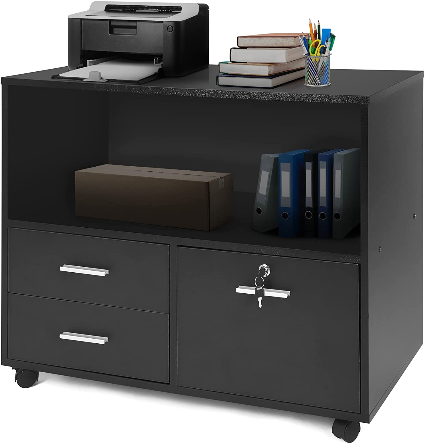 Filing Cabinet Printer Stand Mobile Lateral File Cabinet w/ 3 Drawers & 1 Open Storage Shelves for Home Office Organization, Black - Bosonshop