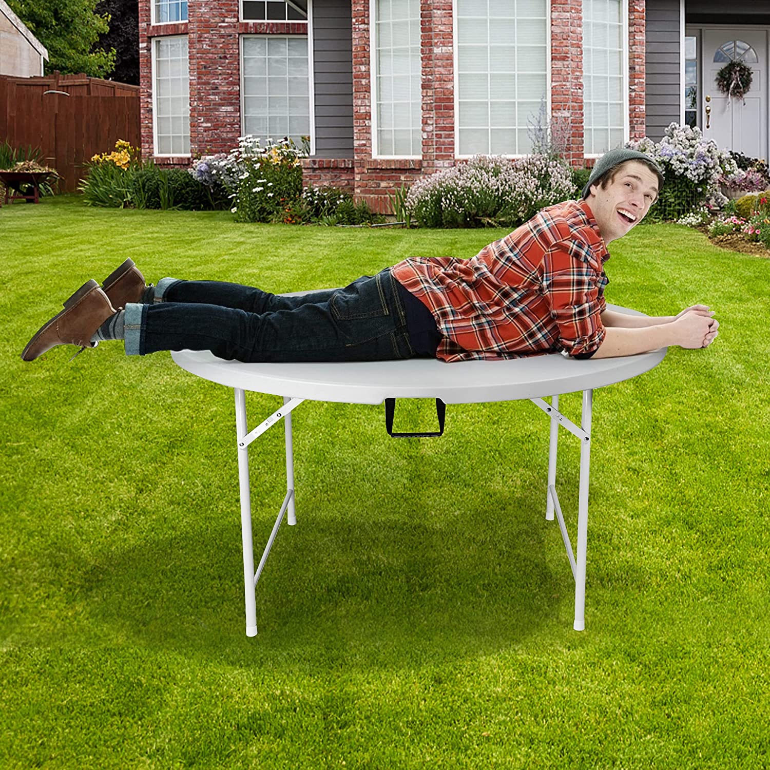 53" Diameter Round Folding Table Portable Plastic Dining Card Table for 6-8, White - Bosonshop