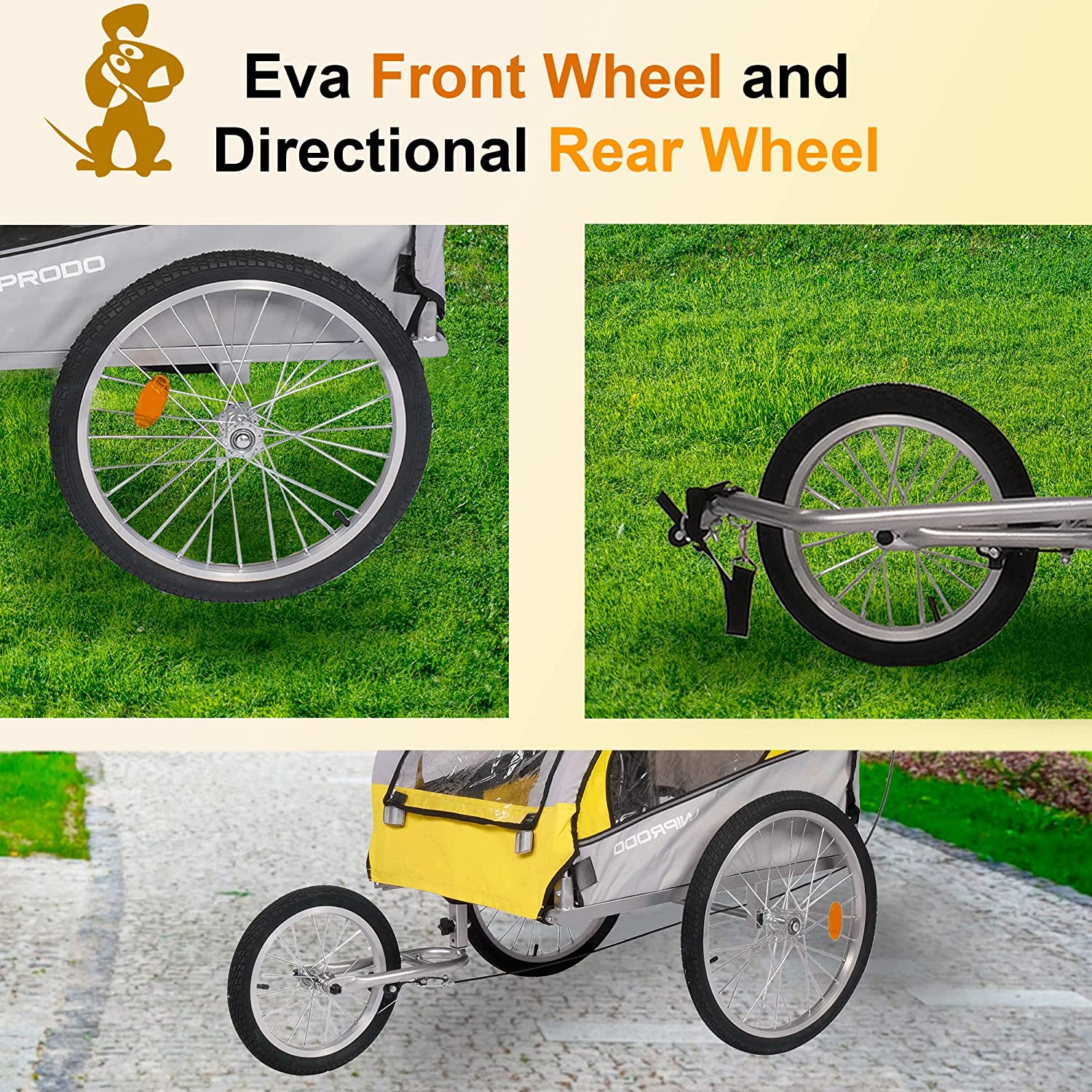 Dog Bike Trailer Cart 2 in 1 Pet Bicycle Stroller for Travel with Reflectors Parking Brake Breathable Protective Net, Yellow - Bosonshop