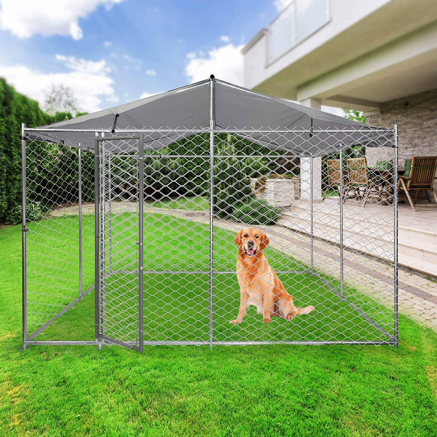 10' x 10' x 7.5' Outdoor Metal Dog Playpen For Your Puppy, Exercise Pens For Puppies, Chain Link Dog Kennel - Bosonshop
