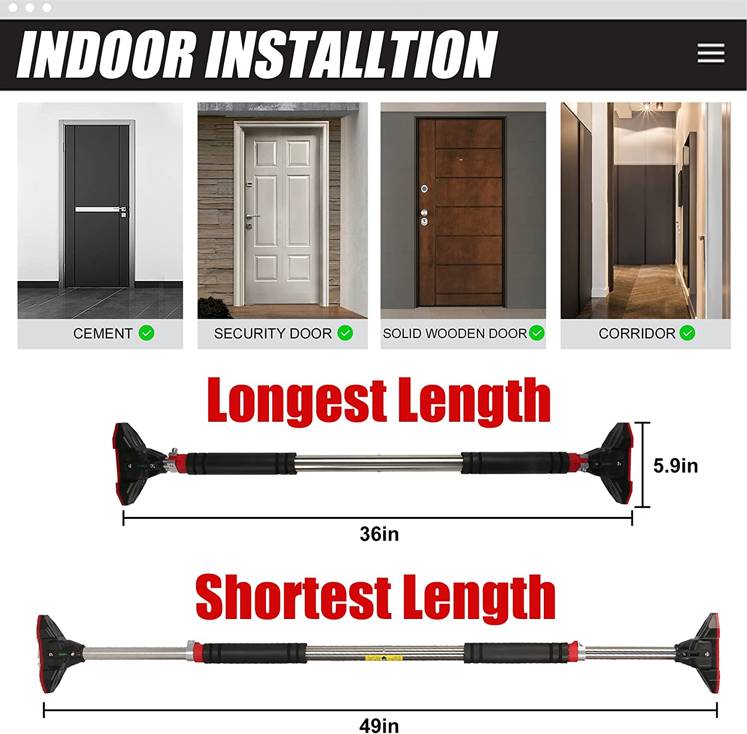 (Out of Stock) Adjustable 36-49 Inch Upper Body Workout Bar Chin Up Bar with Safe Lock, No Screw Installation - Bosonshop