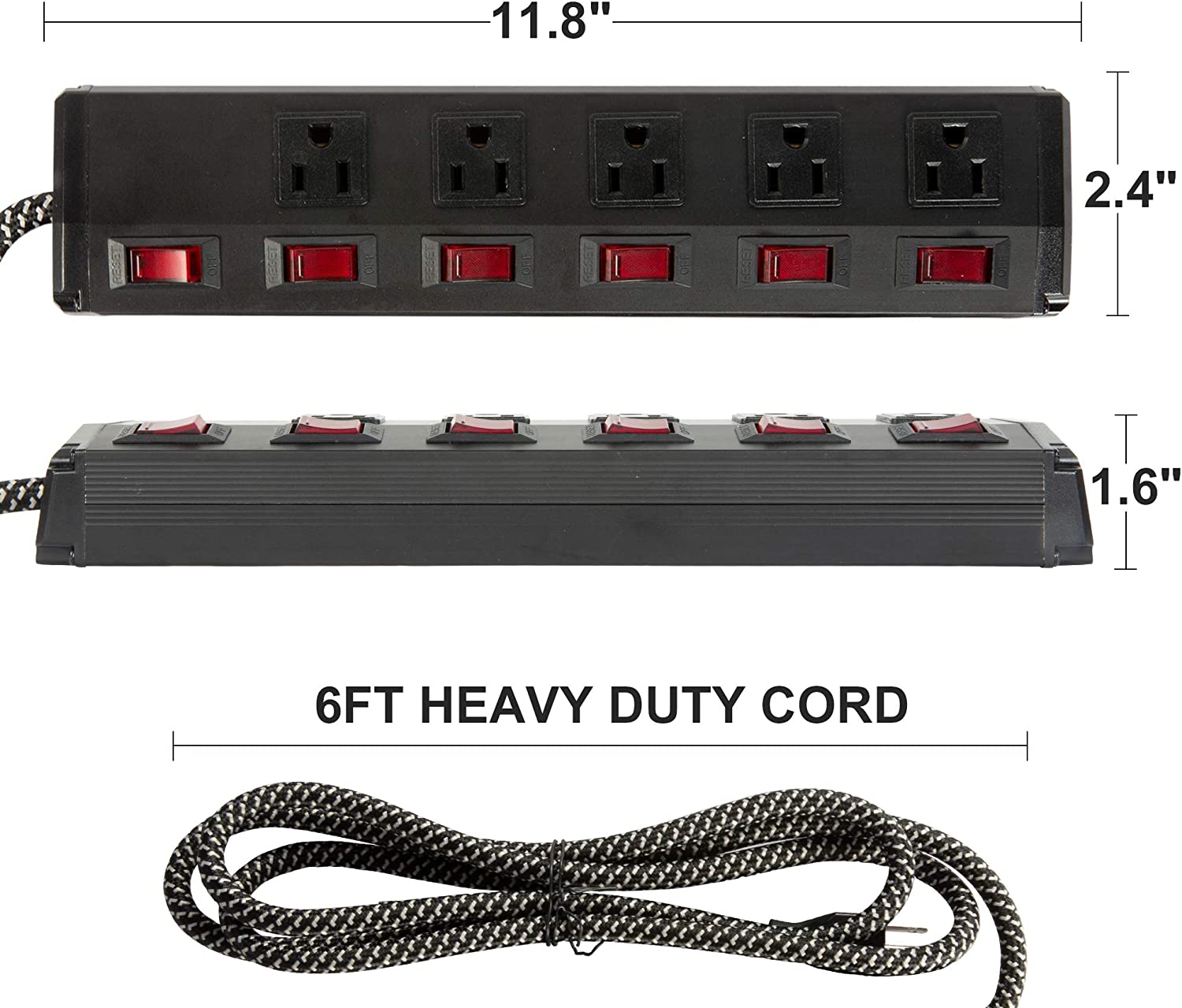 2 Pack Long Power Strip Surge Protector, 6 Metal Power Outlets 2 USB Ports, 6 ft Long Extension Cord - Bosonshop