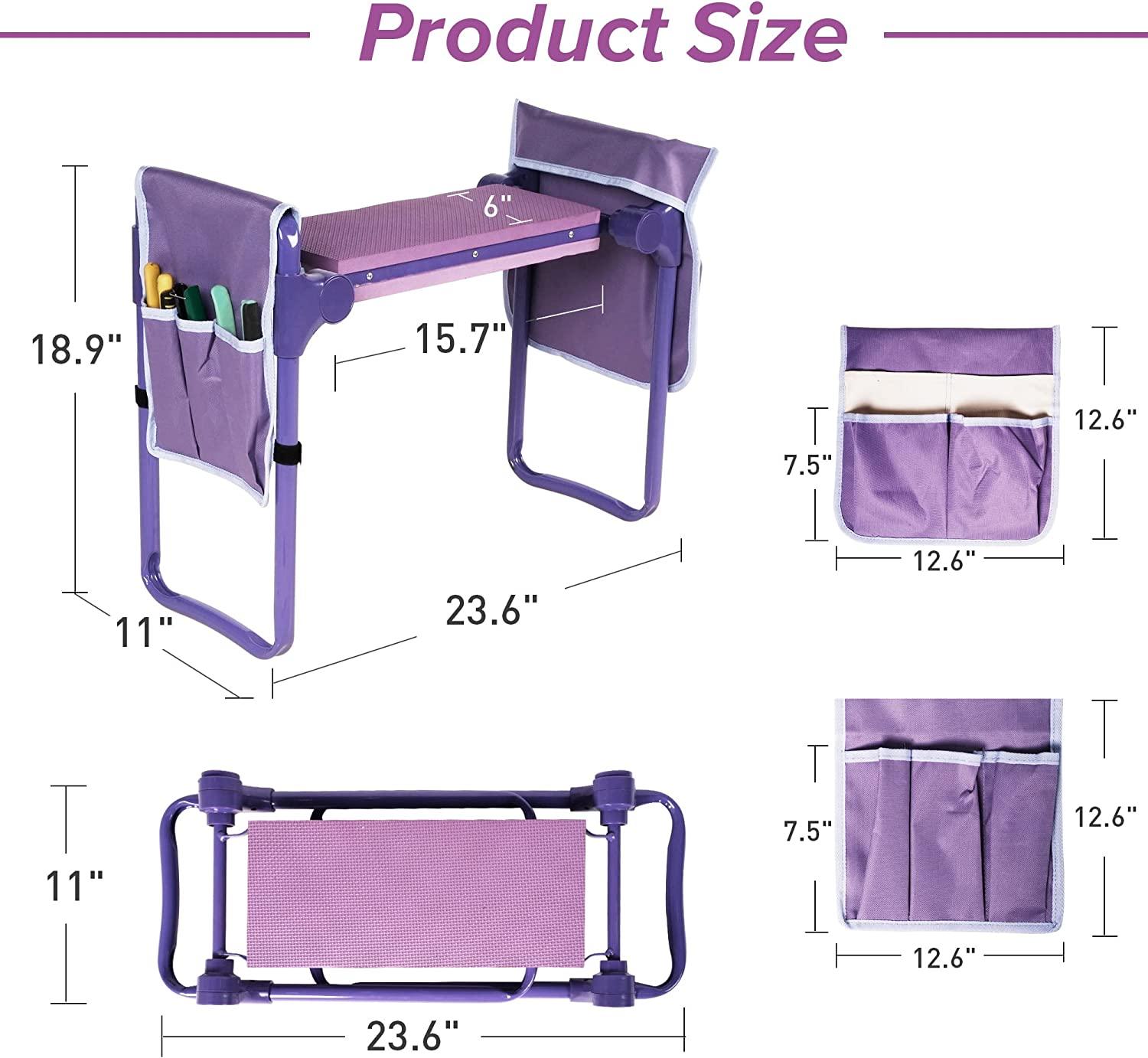 Garden Kneeler and Seat Upgraded Gardening Stool Bench with 2 Tool Pouches & EVA Foam Pad, Purple - Bosonshop