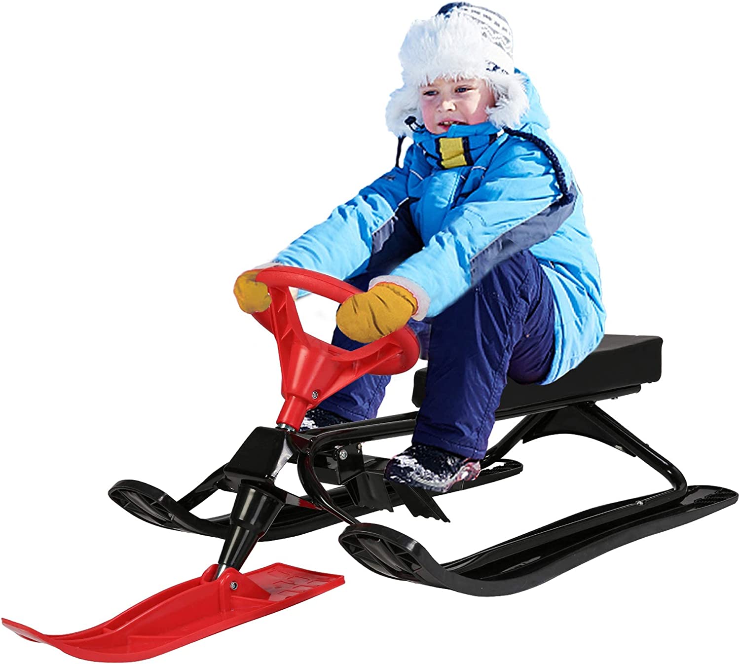 Snow Racer Sled, Ski Sled Snowboard with Steering Wheel & Twin Brakes for Downhill and Uphill - Bosonshop