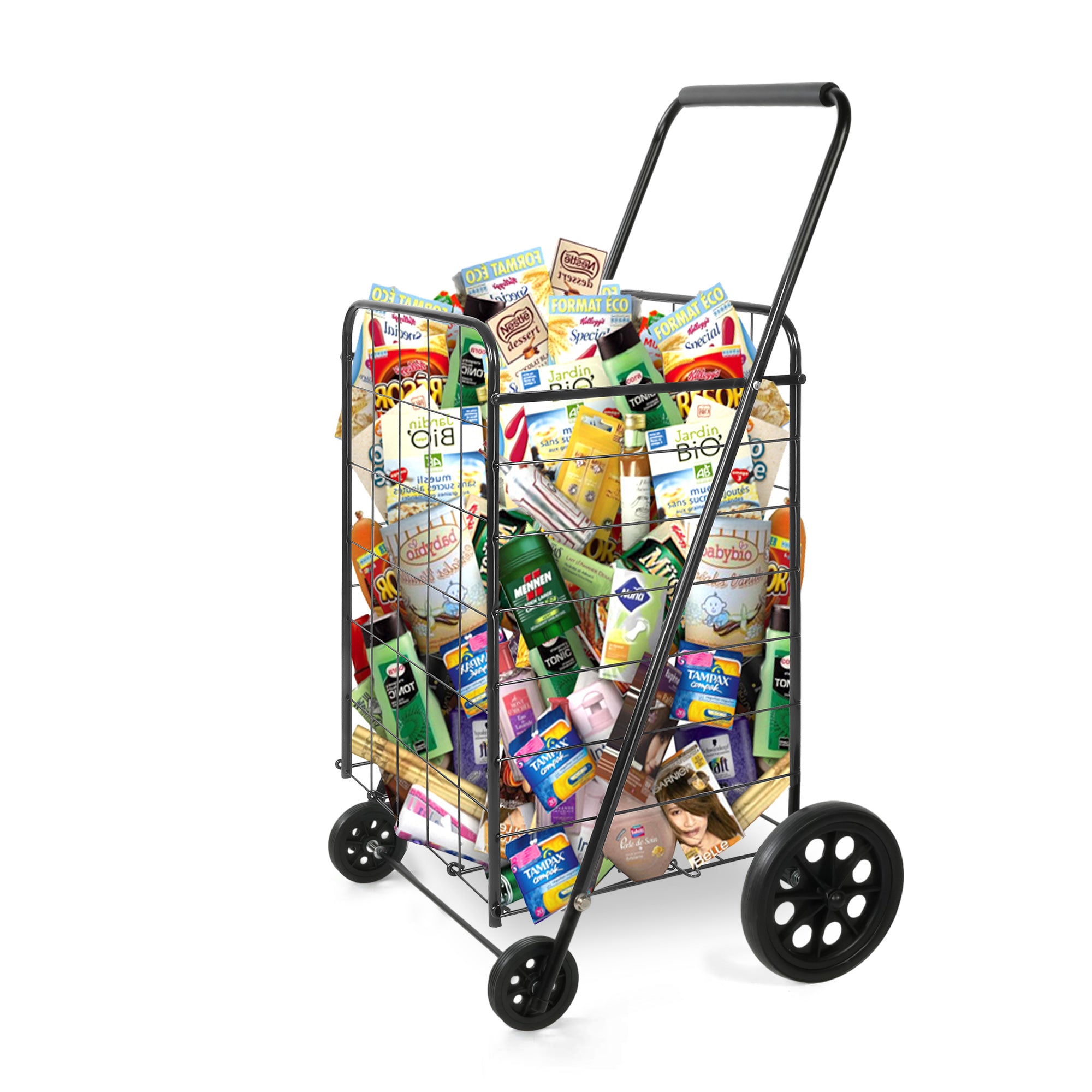 Folding Grocery Shopping Cart with Durable Wheels Collapsible Large Metal Utility Cart, Black - Bosonshop