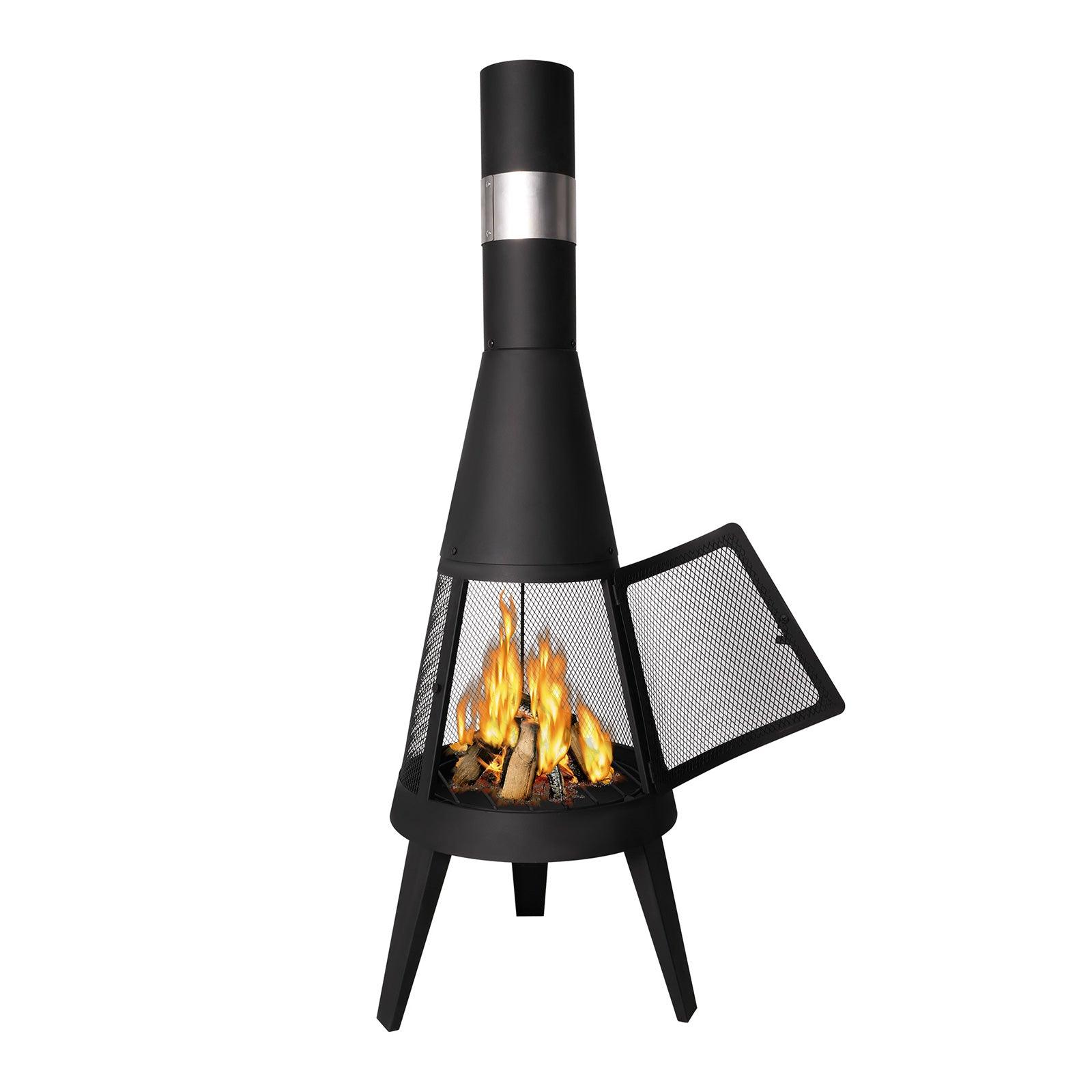 Chiminea Outdoor Fireplace 47.6" Metal Wood Burning Fire Pit with Log Grate, Black - Bosonshop