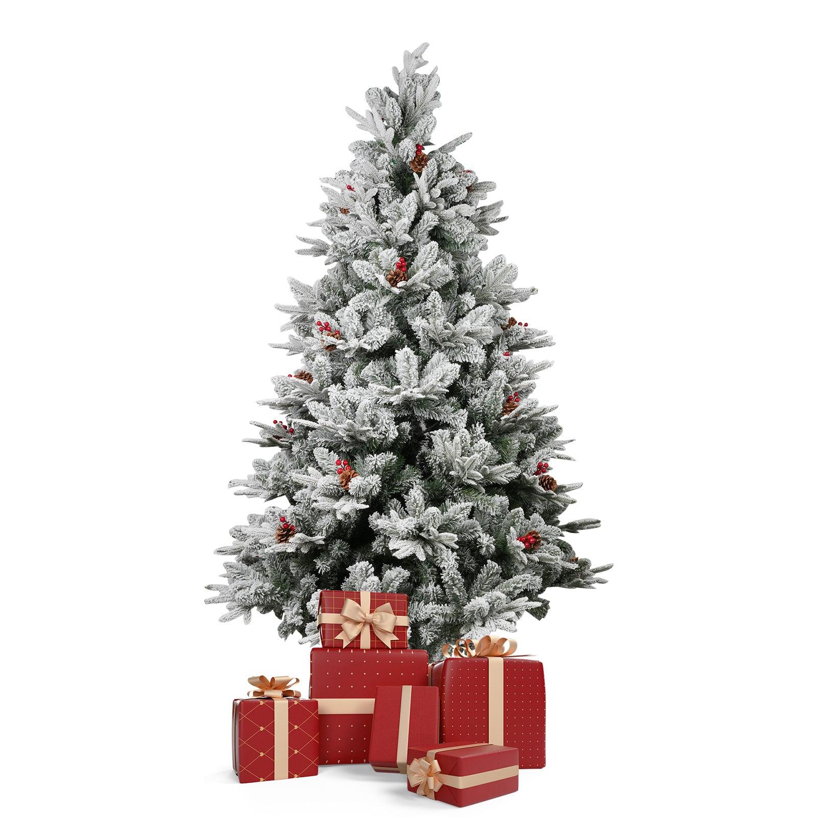 6.9' Artificial Christmas Tree Snow Flocked Xmas Tree with Pine Cones and Red Berries 1150 Branch Tips