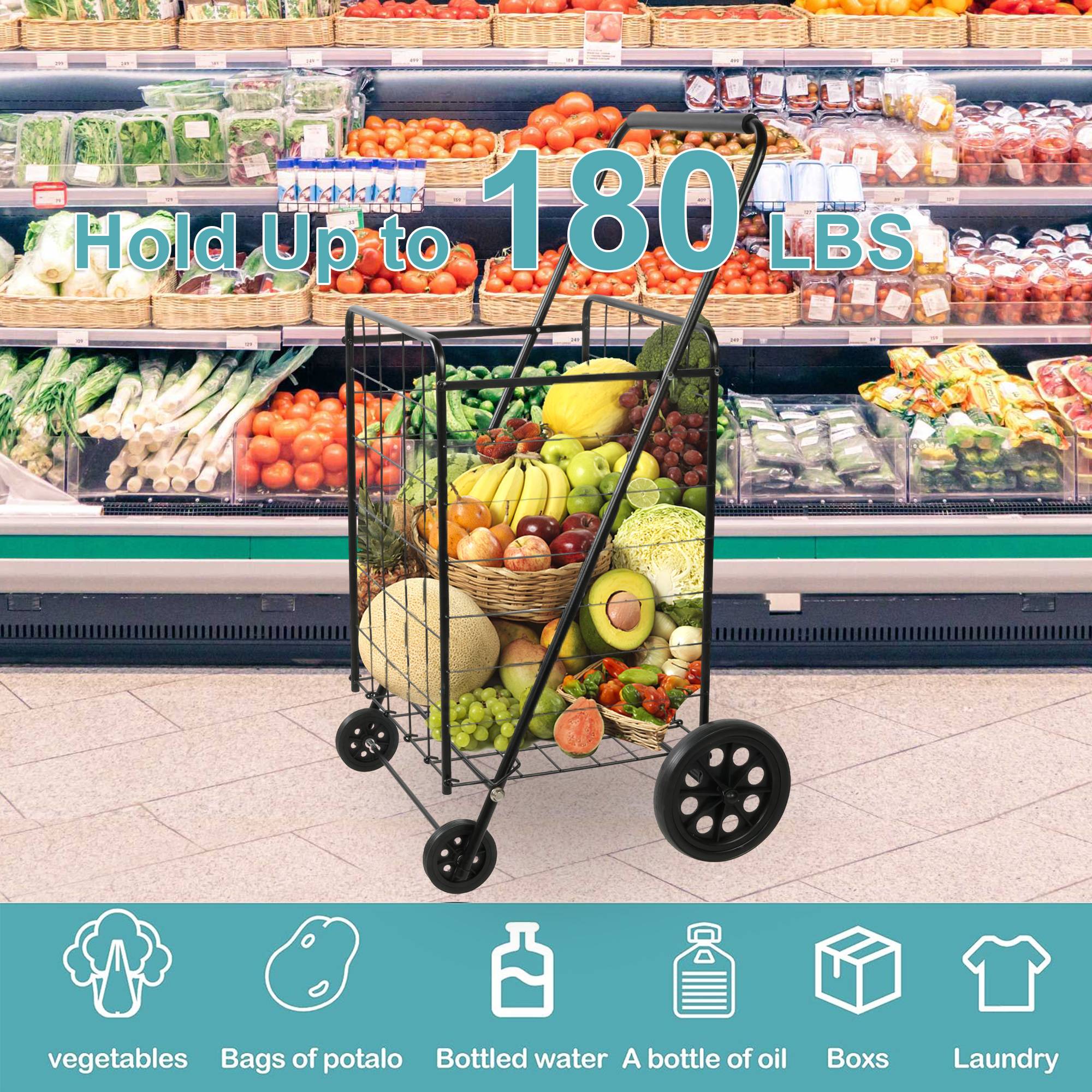 Folding Grocery Shopping Cart with Durable Wheels Collapsible Large Metal Utility Cart, Black - Bosonshop